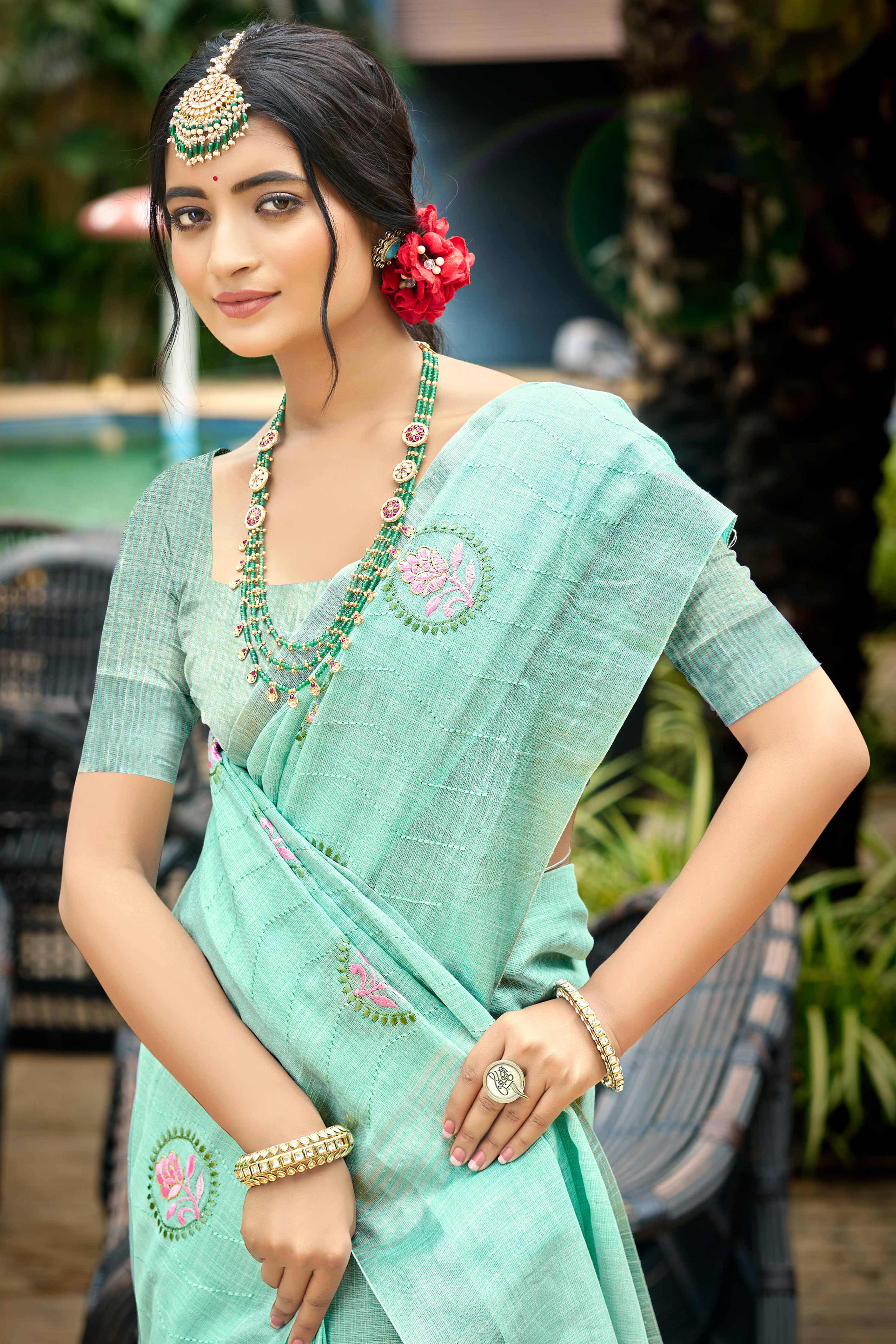 Premium Turquoise Floral Embroidered Linen Saree With Striped Pattern Tassel Pallu