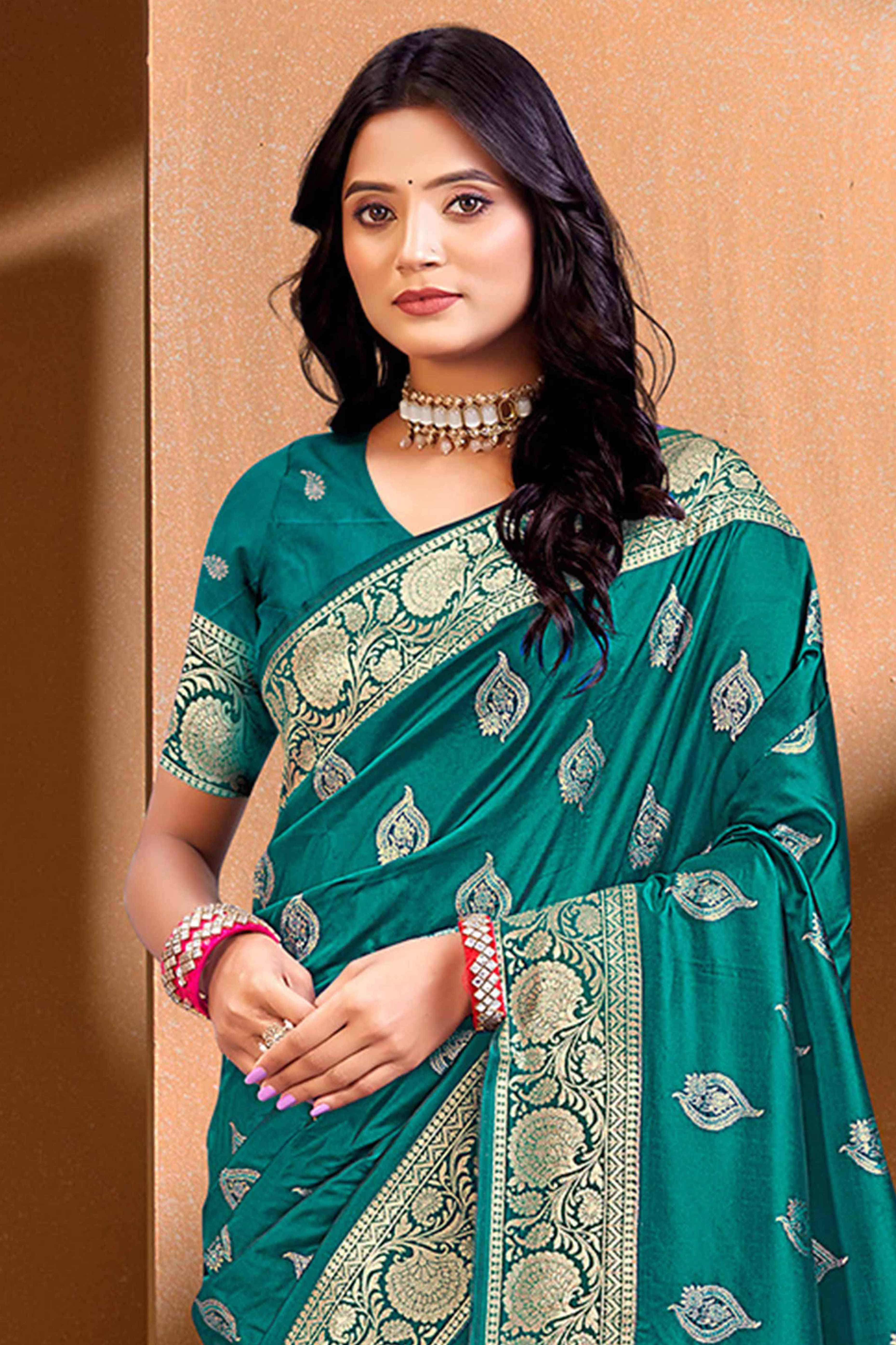 Luxury Teal Floral Weaving Silk Blend Saree Finished With A Digital Peacock Printed Pallu