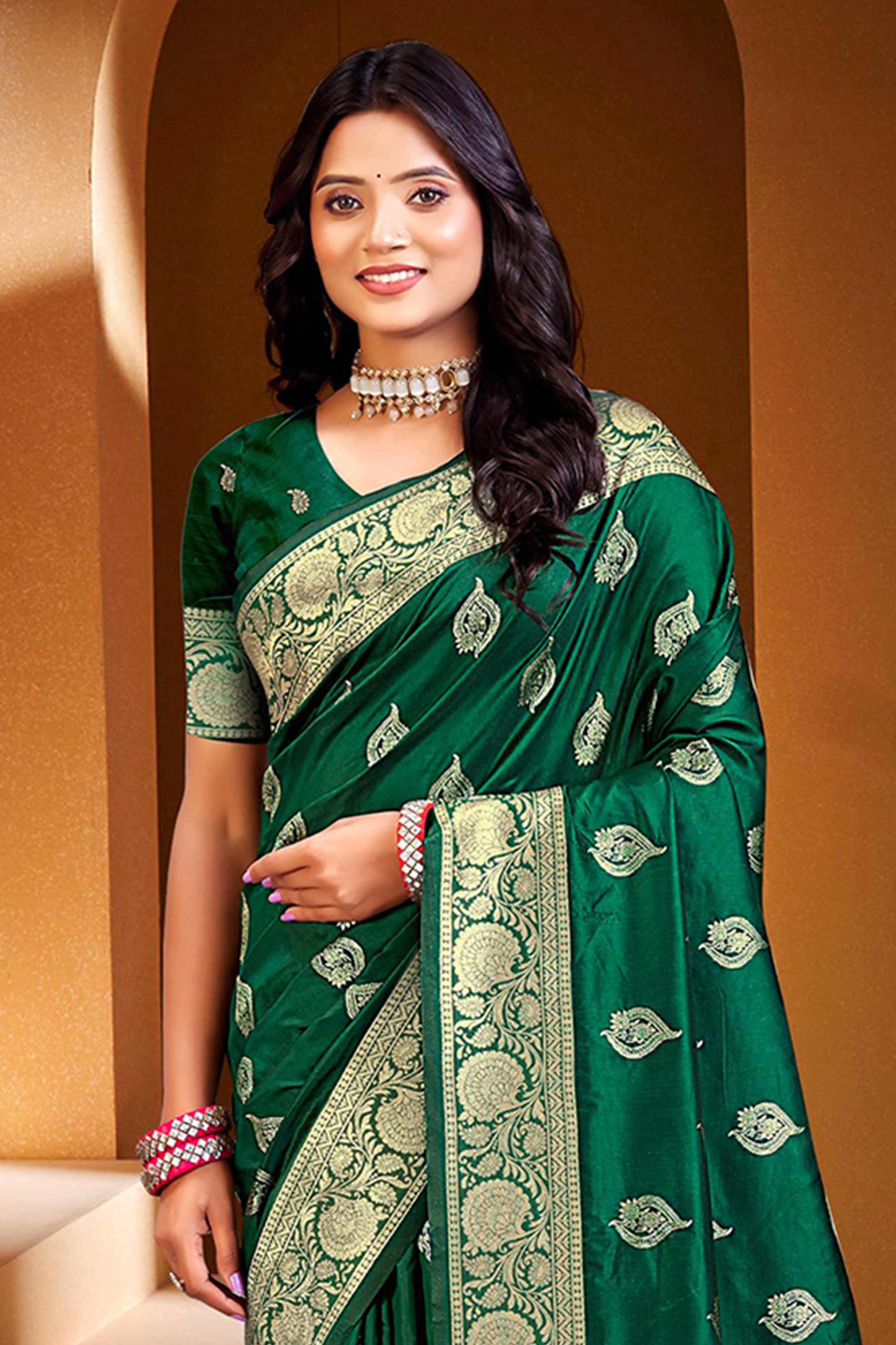 Luxury Green Floral Weaving Silk Blend Saree Finished With A Digital Peacock Printed Pallu