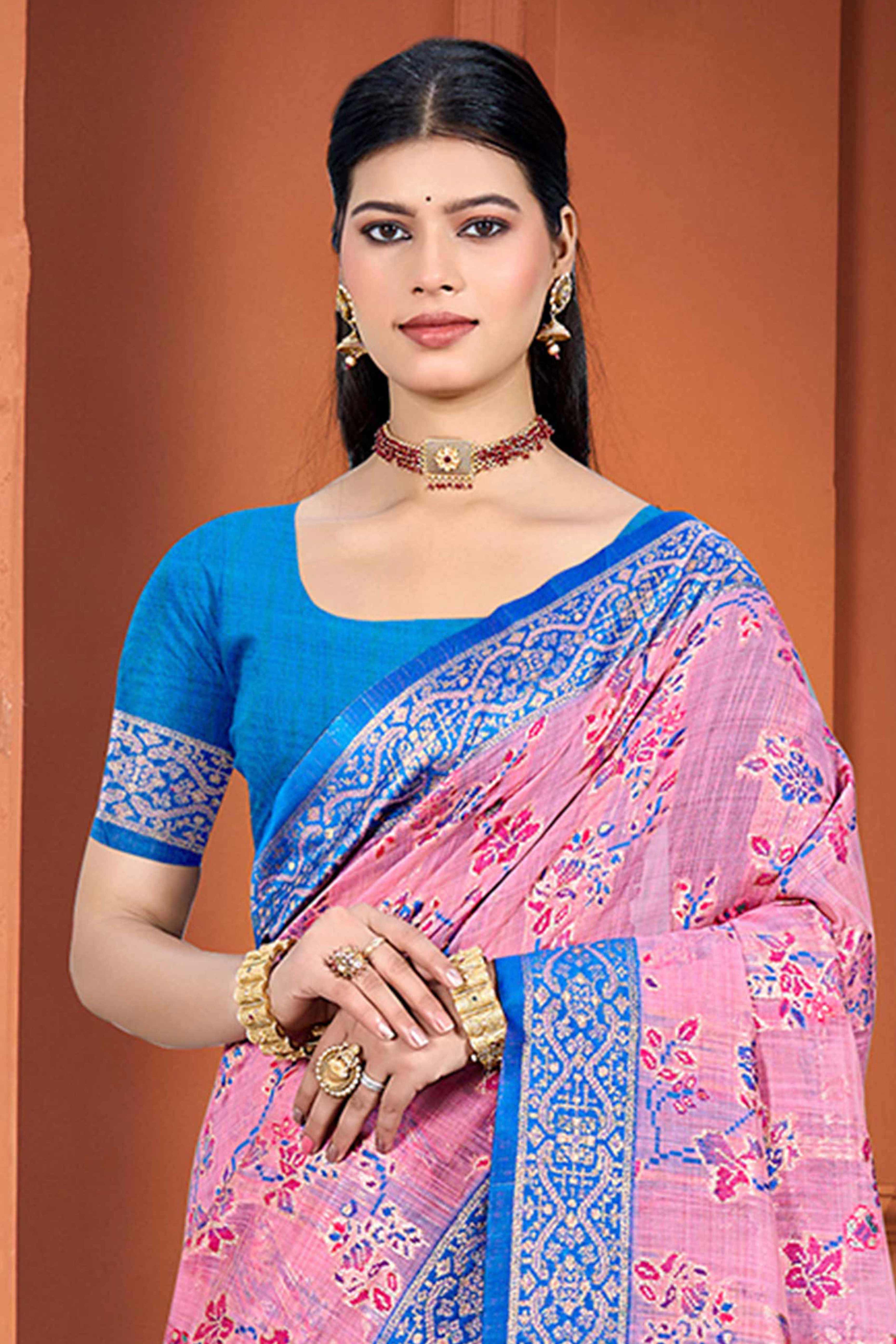 Stunning Pink Floral Zari Weaving Cotton Silk Meena Saree With Tassel Pallu