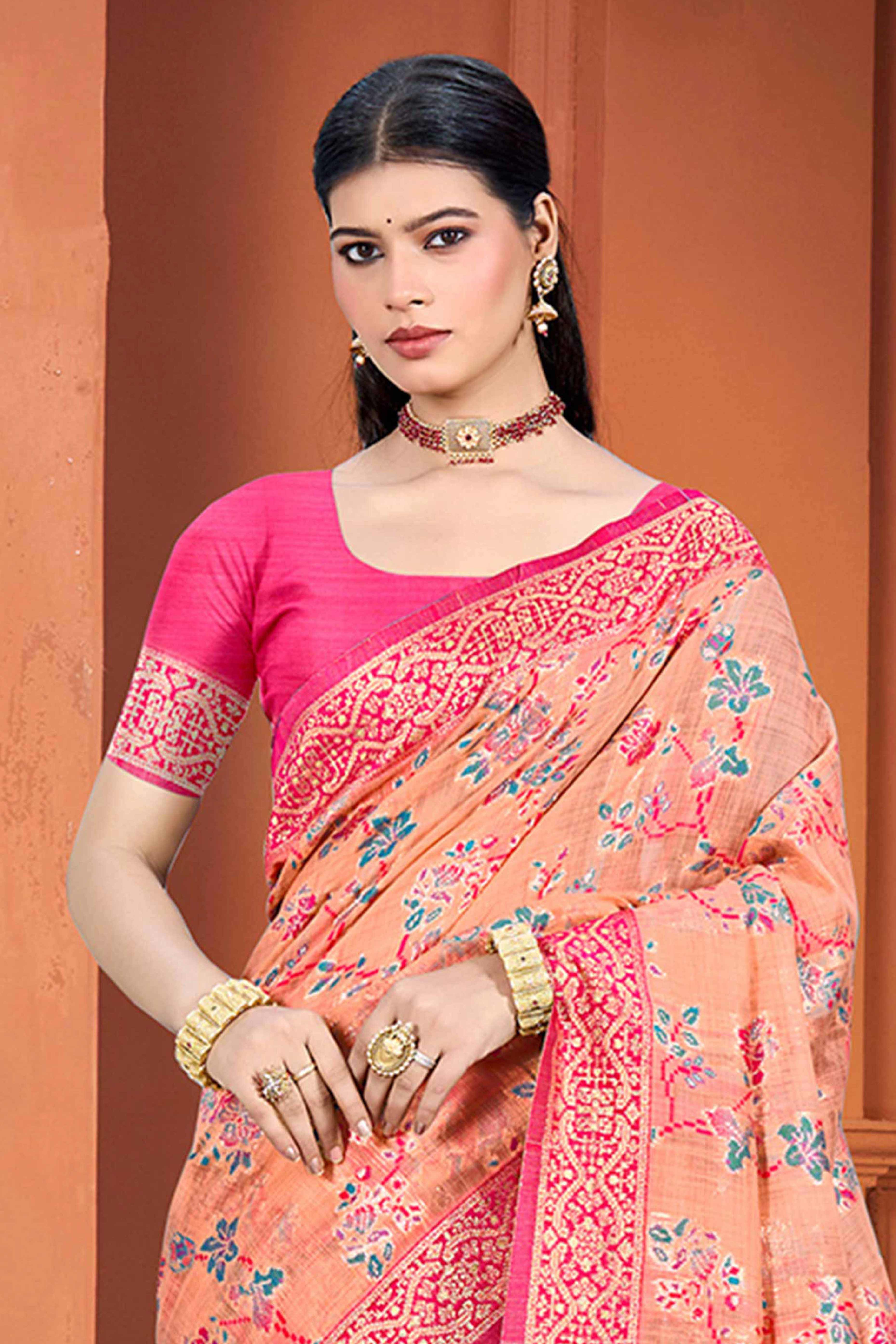 Stunning Peach Floral Zari Weaving Cotton Silk Meena Saree With Tassel Pallu