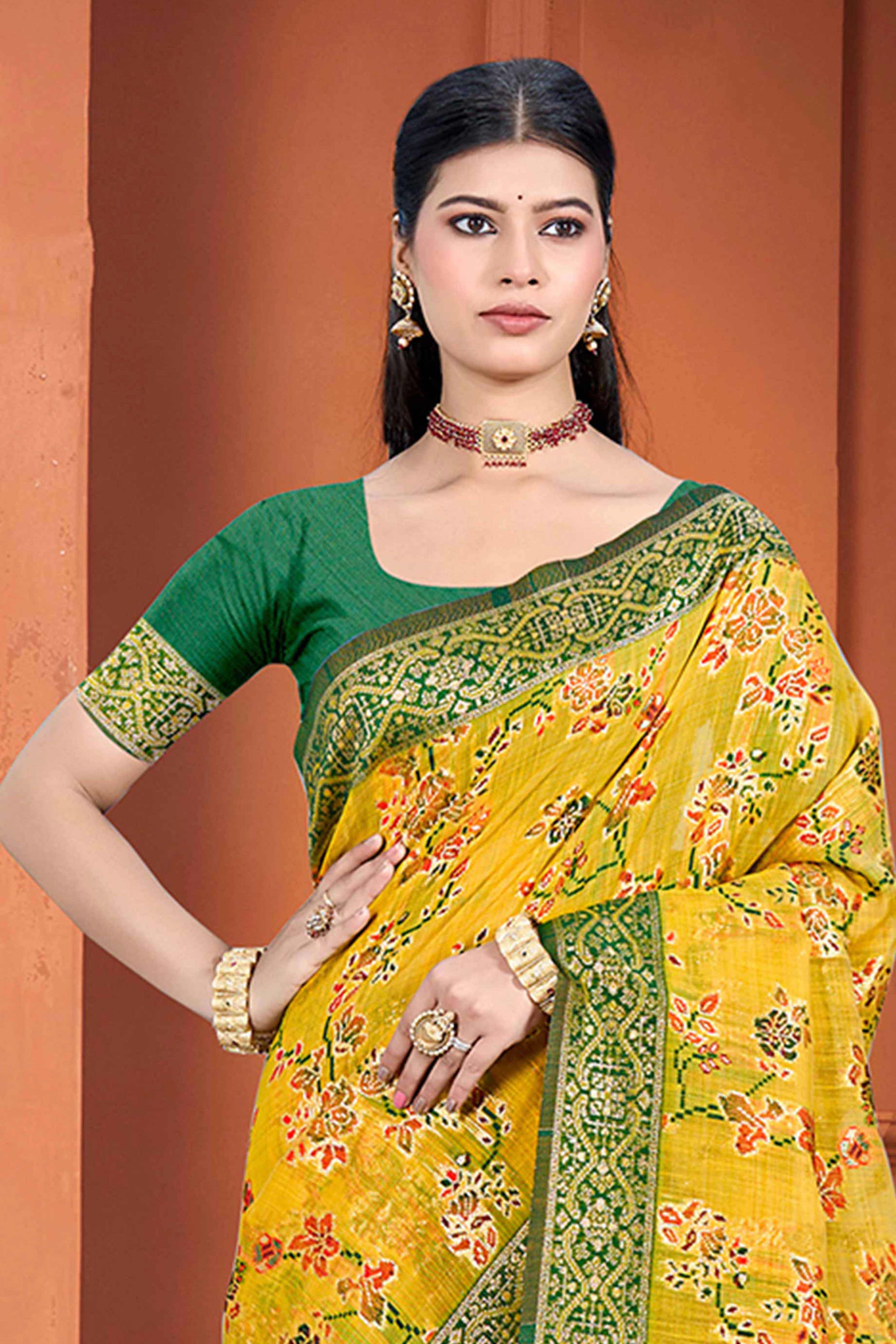 Stunning Mustard Floral Zari Weaving Cotton Silk Meena Saree With Tassel Pallu