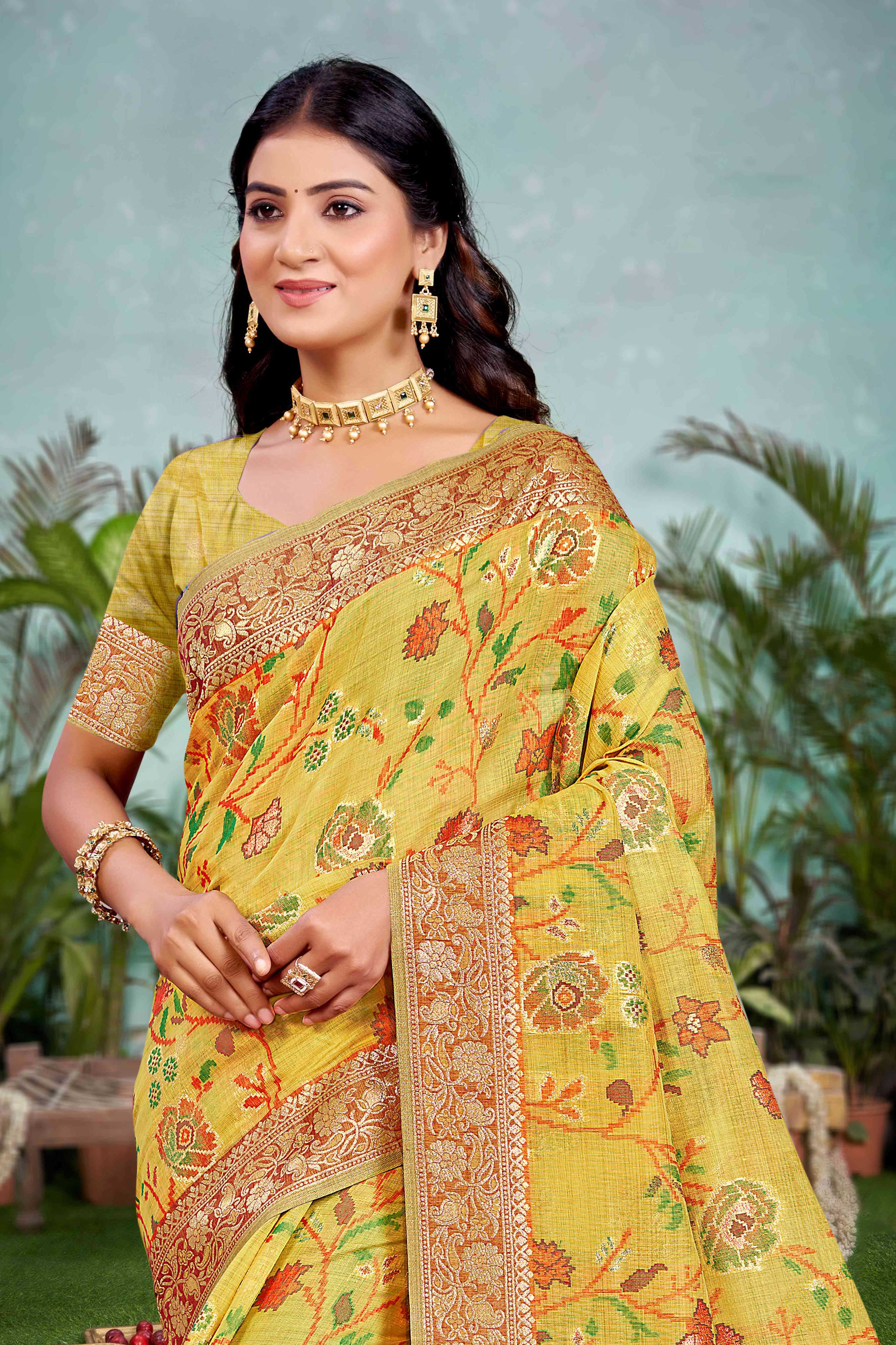 Captivating Mustard Floral Zari Weaving Cotton Silk Saree Accented With Tassel Pallu