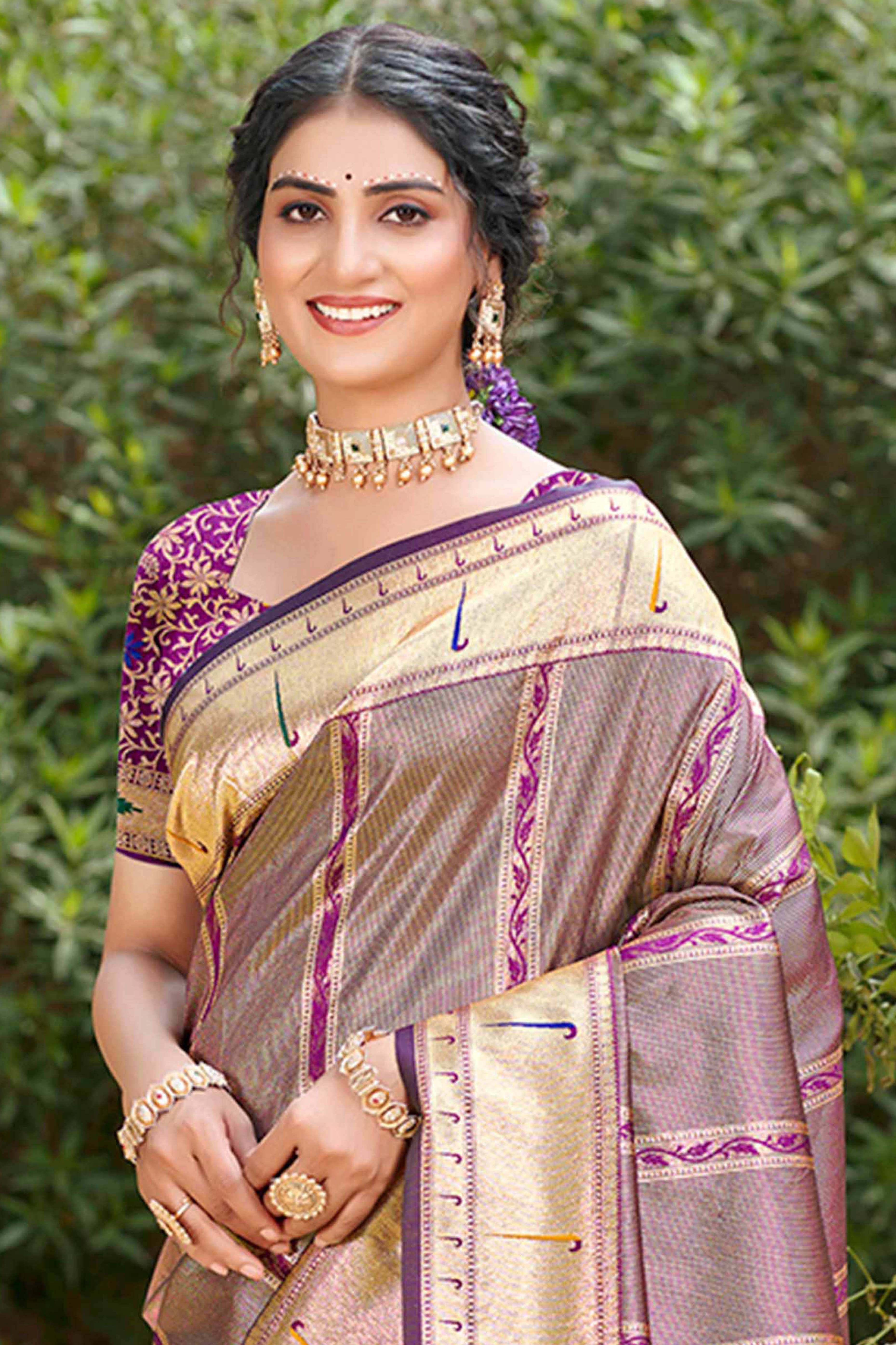 Dark Purple Designer Weaving Silk Blend Saree Accented With Graceful Peacock & Floral Motif Pallu