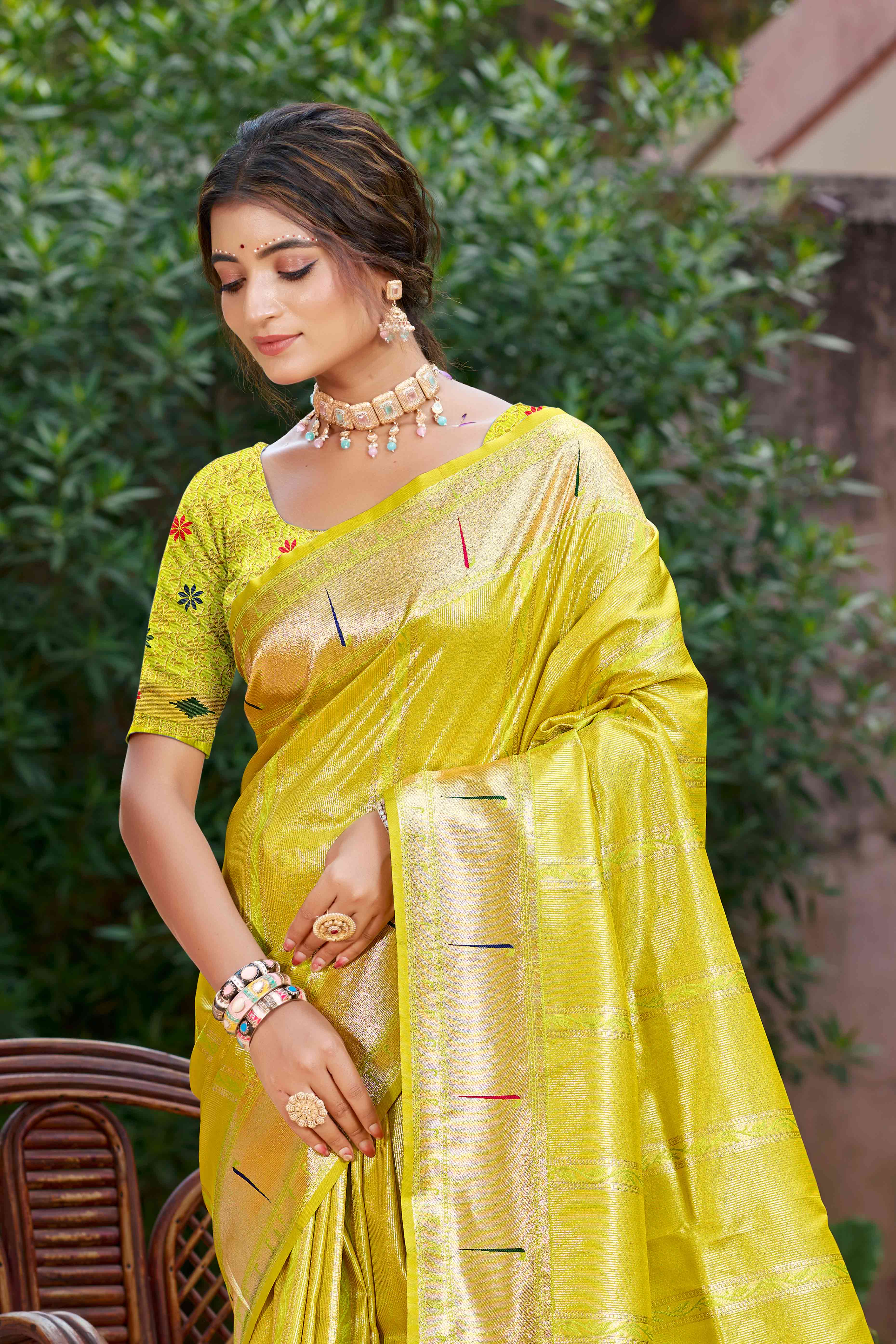 Lemon Green Designer Weaving Silk Blend Saree Accented With Graceful Peacock & Floral Motif Pallu