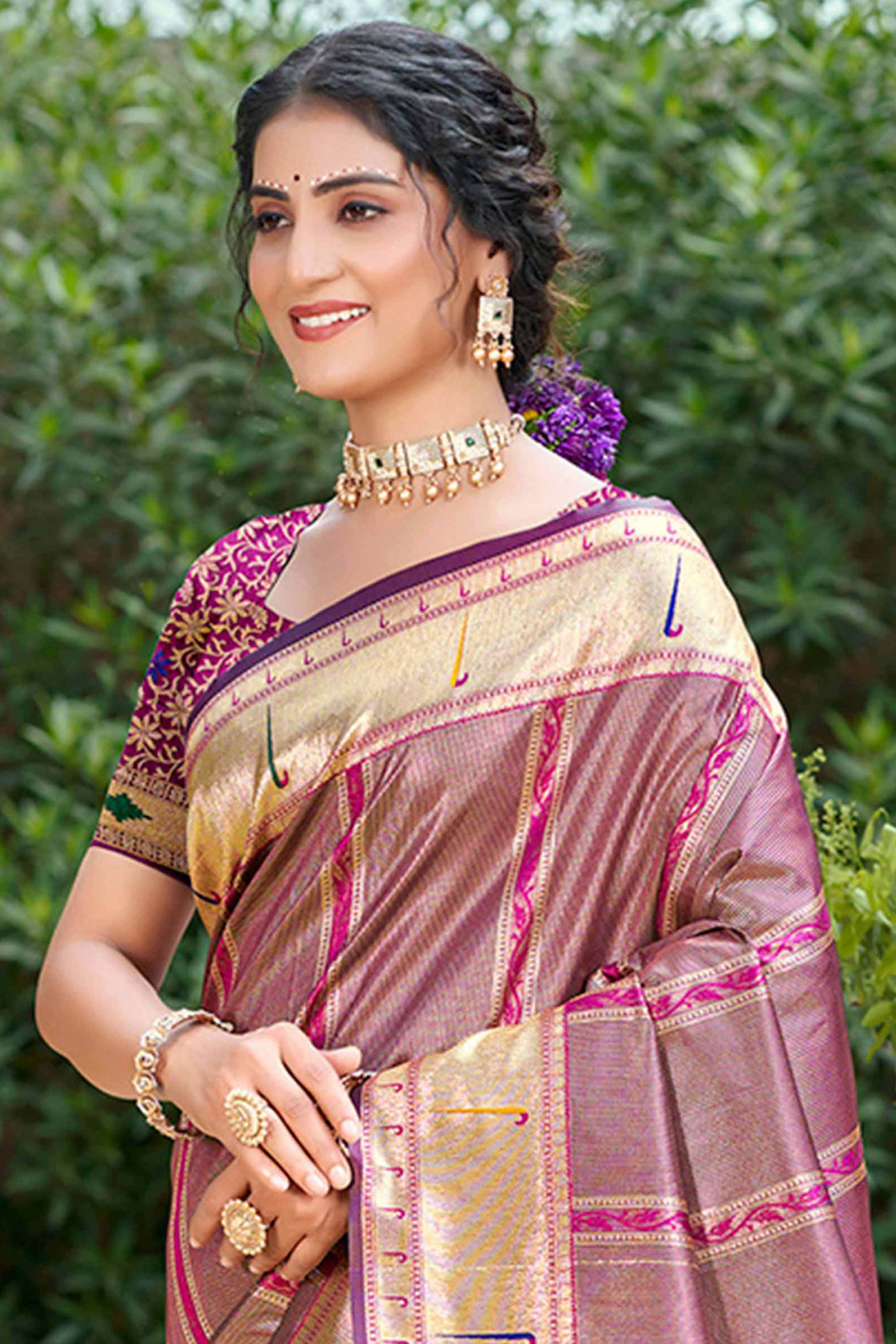 Purple Designer Weaving Silk Blend Saree Accented With Graceful Peacock & Floral Motif Pallu