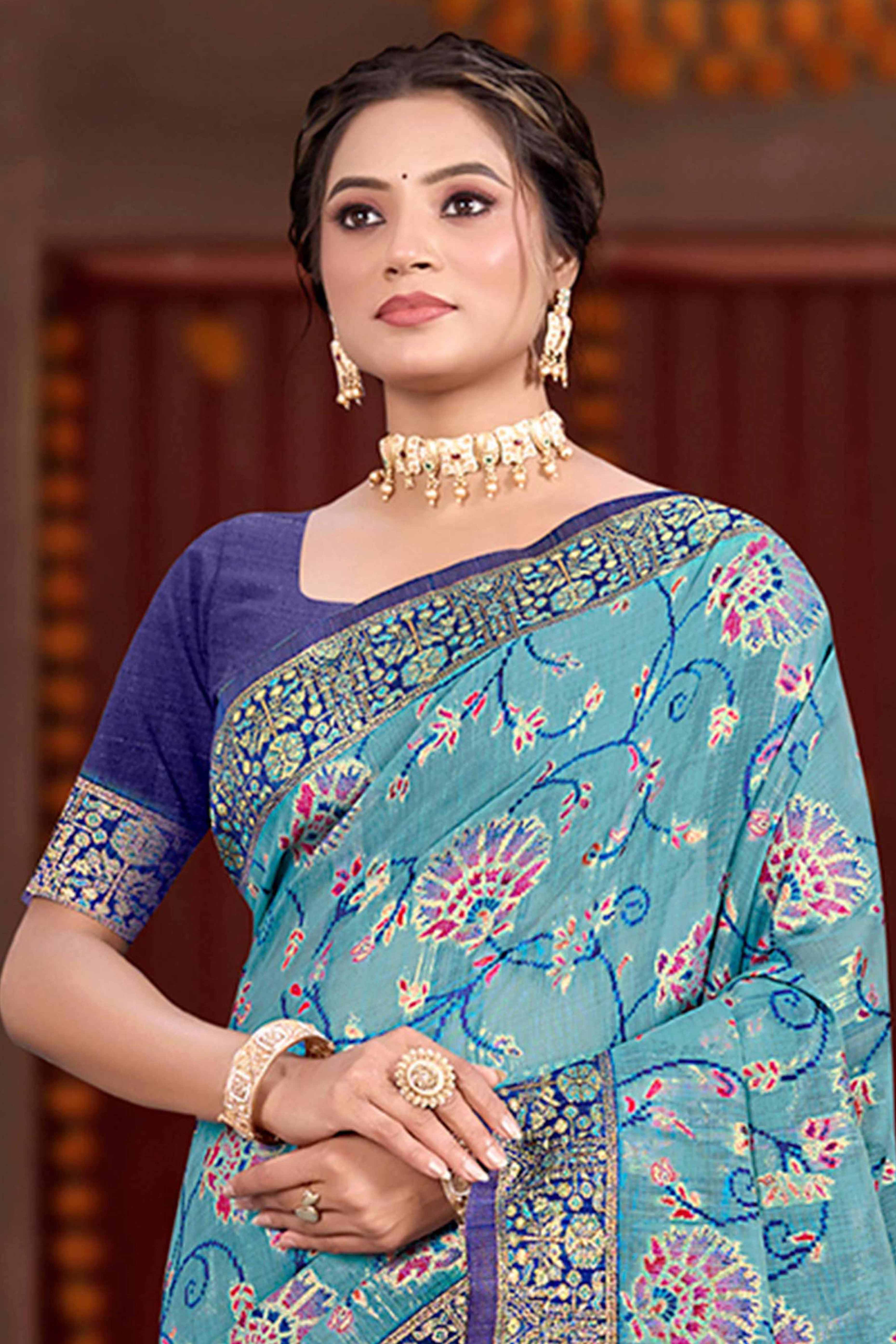 Elegant Blue Cotton Silk Saree Adorned With Floral Weaving & Graceful Tassel Pallu