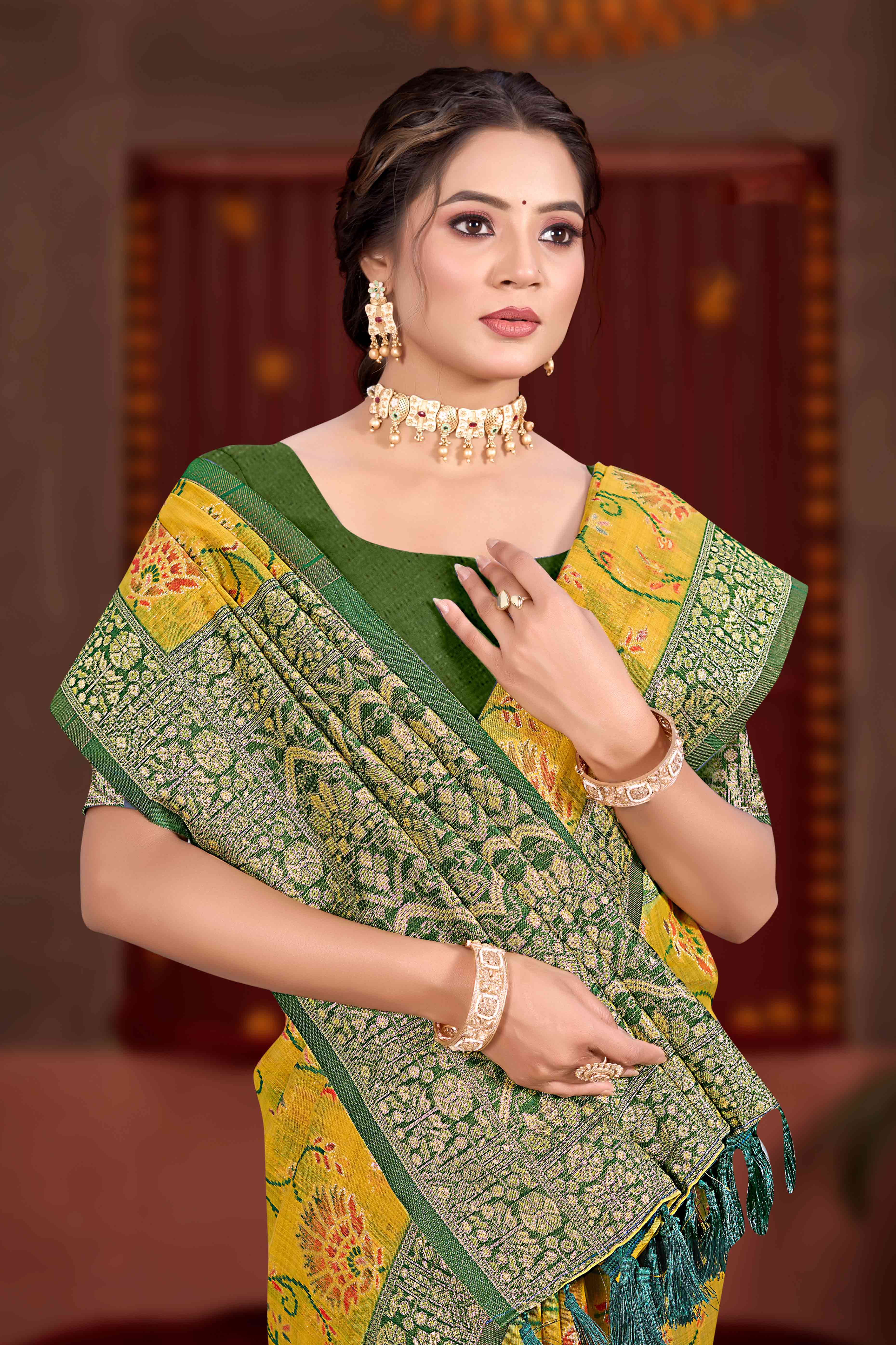 Elegant Mustard Cotton Silk Saree Adorned With Floral Weaving & Graceful Tassel Pallu