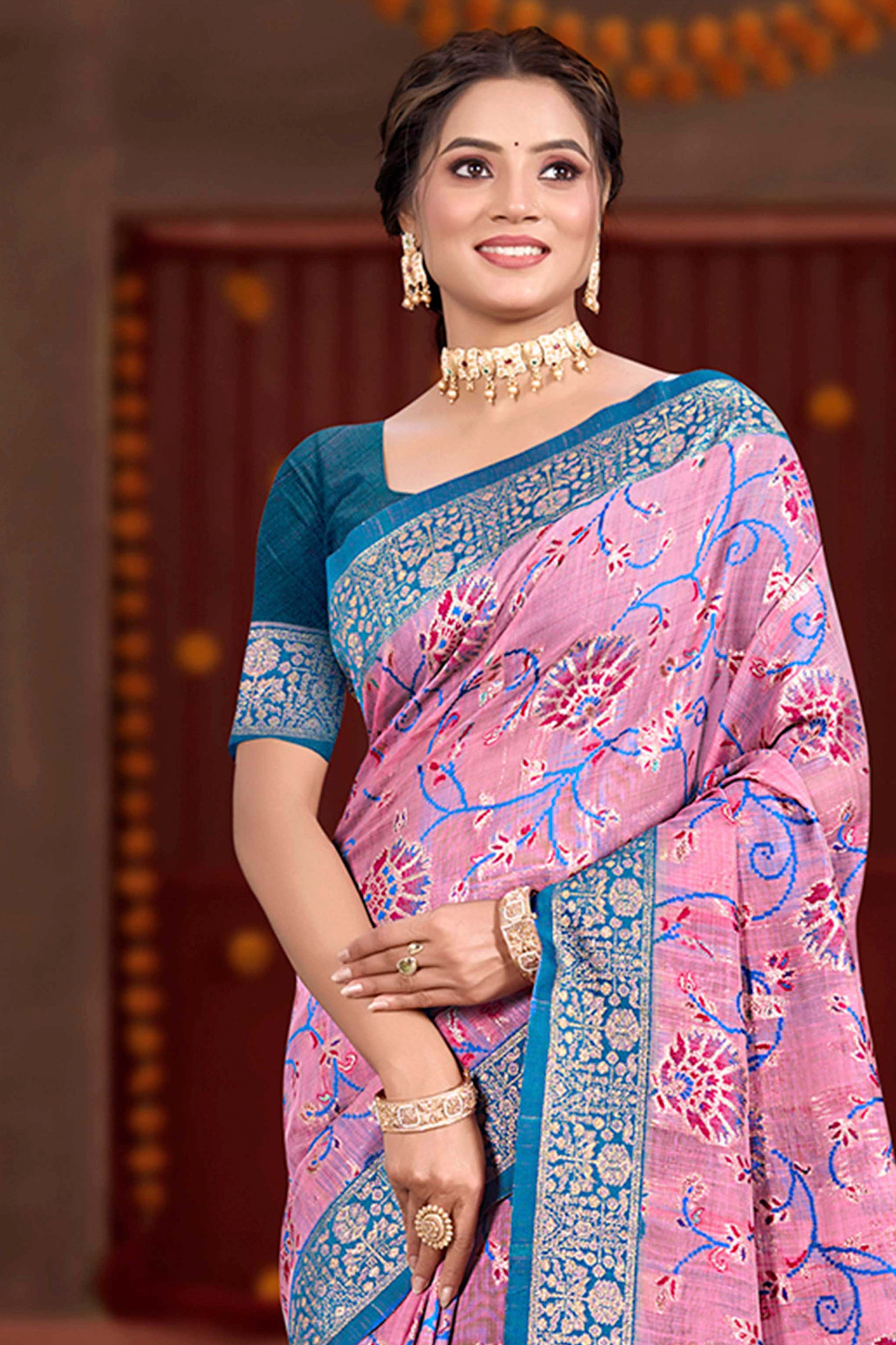Elegant Pink Cotton Silk Saree Adorned With Floral Weaving & Graceful Tassel Pallu