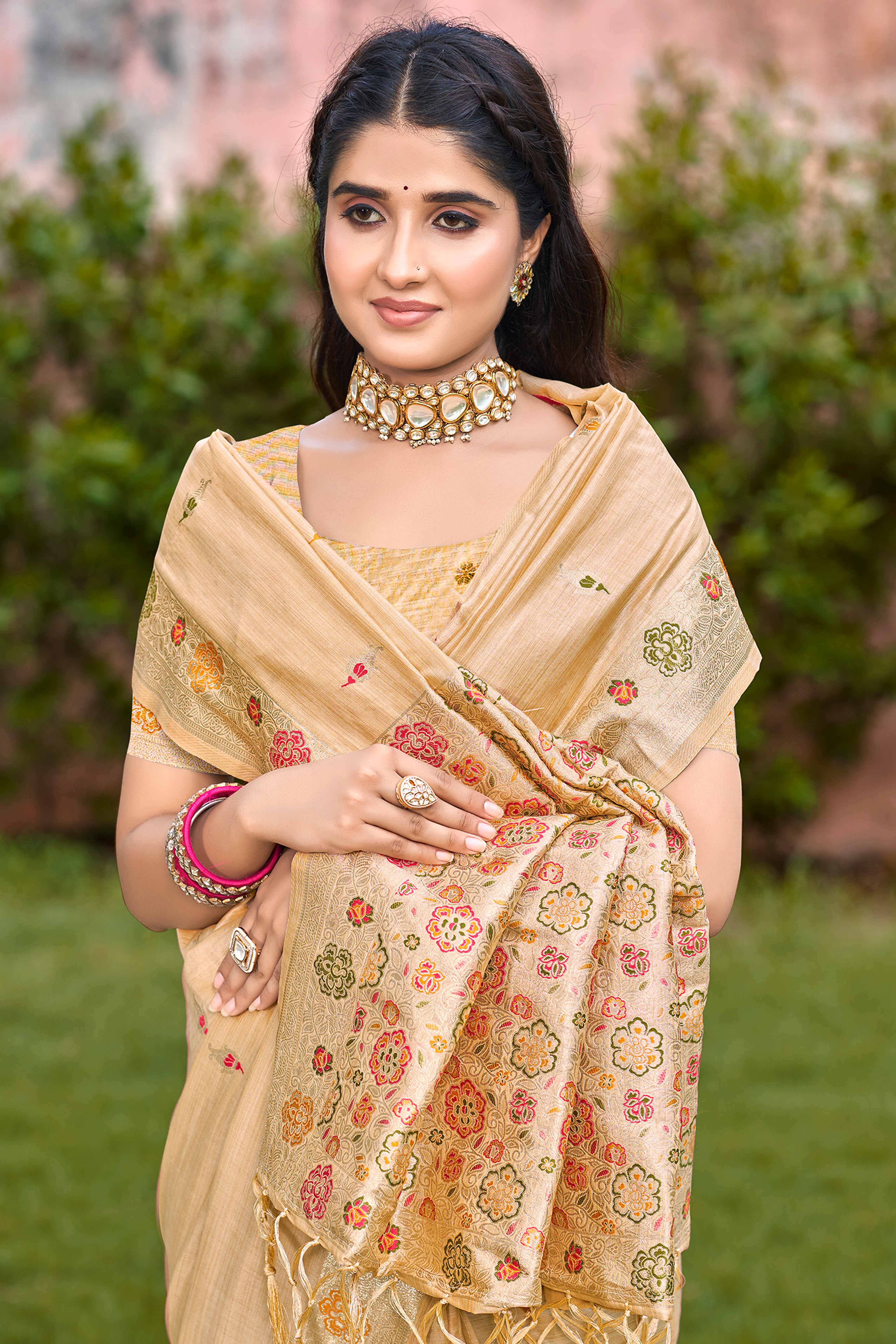 Cream Assam Silk Blend Saree Featuring Intricate Floral Zari Weave & Tassel Pallu