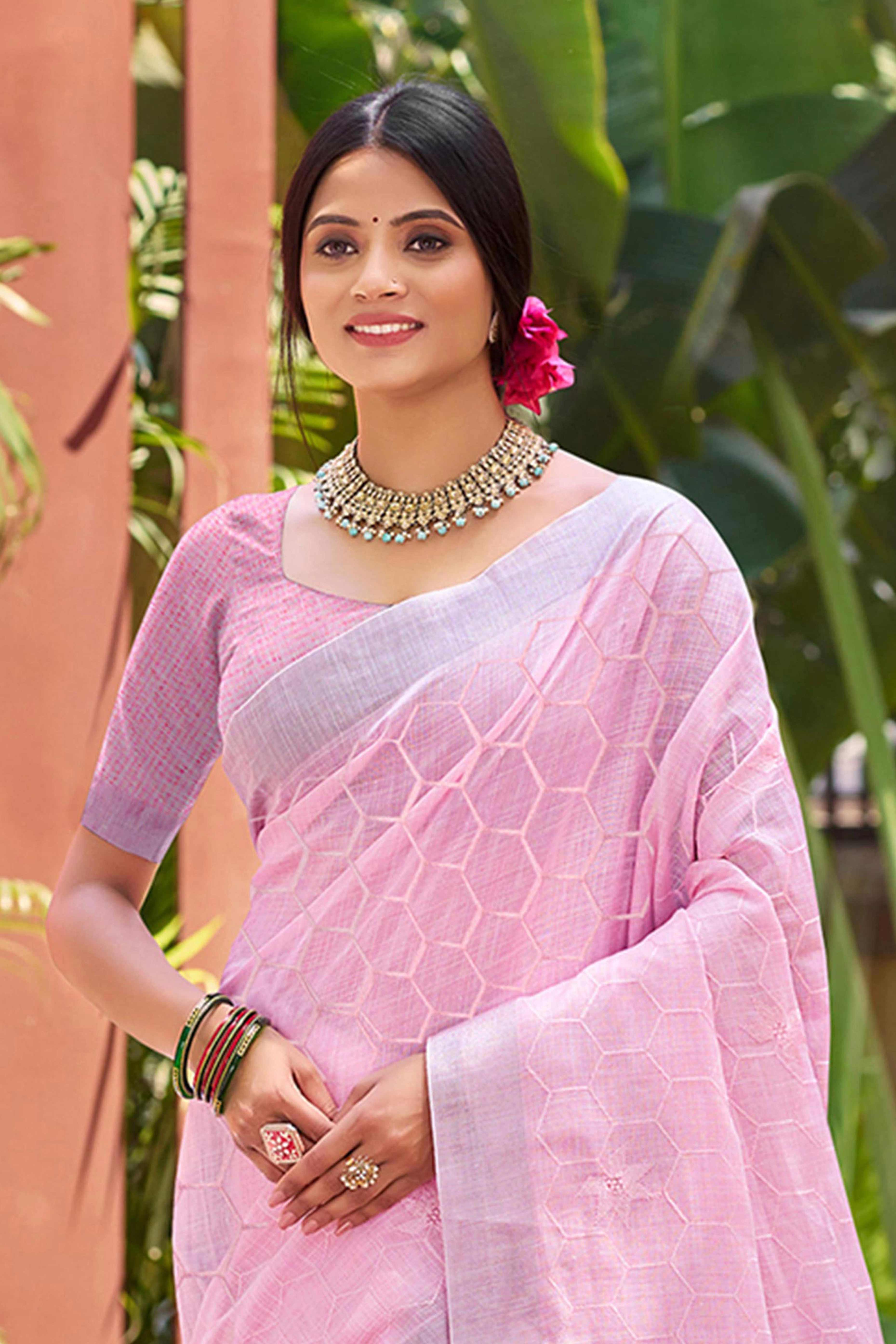 Pink Classic Linen Saree Enhanced With Fine Geometric Embroidery Work & Tassel Pallu