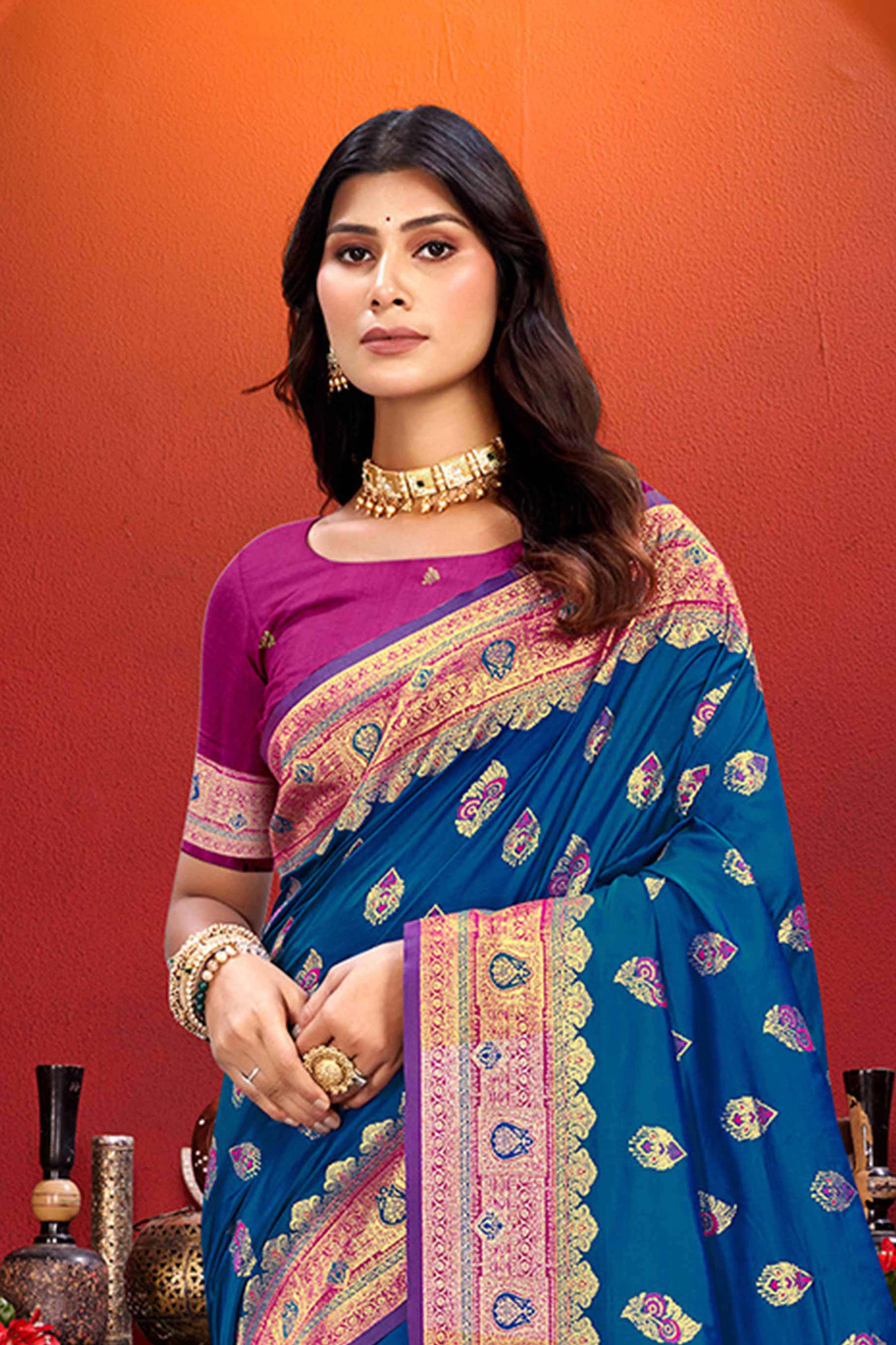 Designer Blue Floral Zari Weaving Silk Blend Saree With Stylish Tassel Pallu