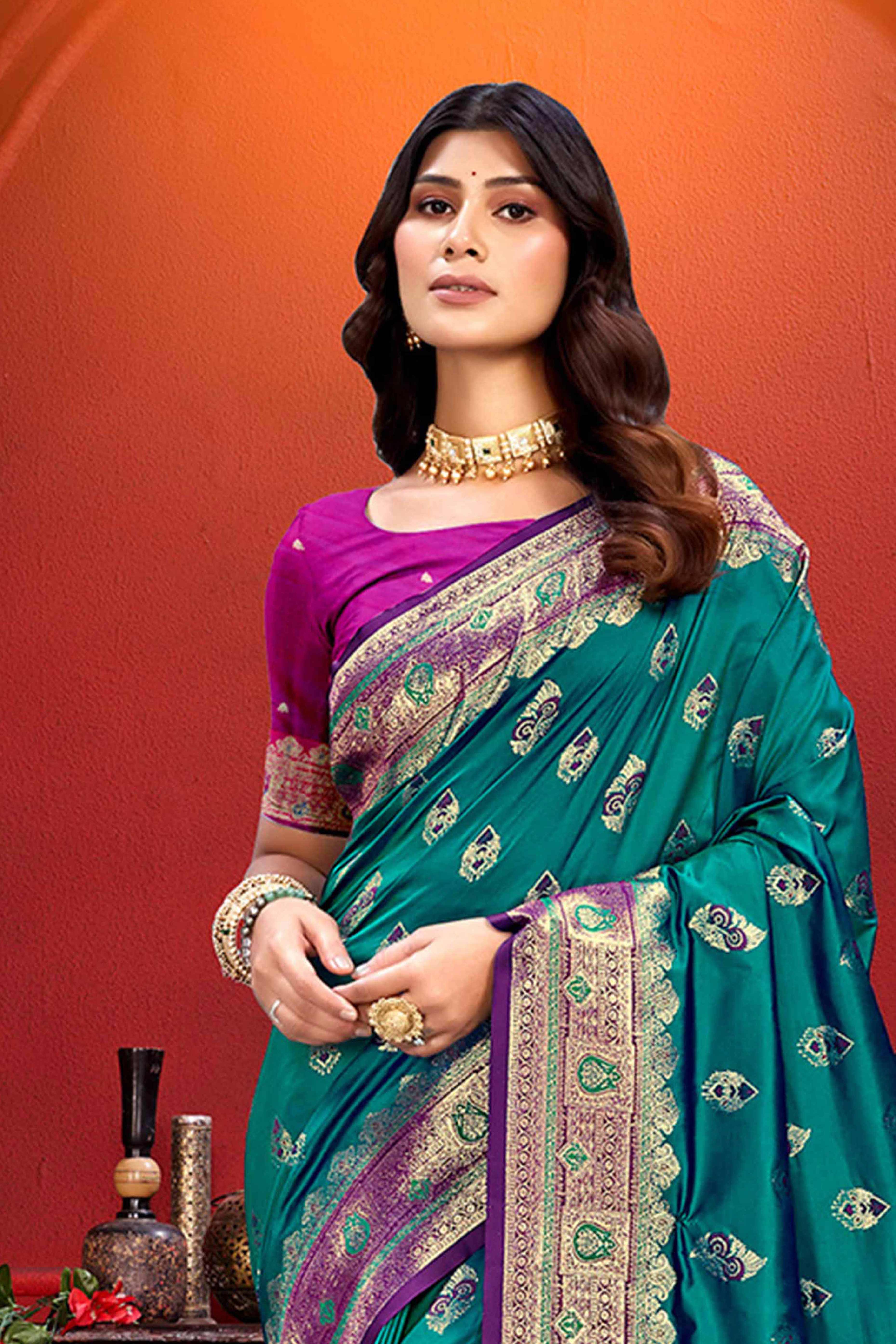 Designer Teal Floral Zari Weaving Silk Blend Saree With Stylish Tassel Pallu