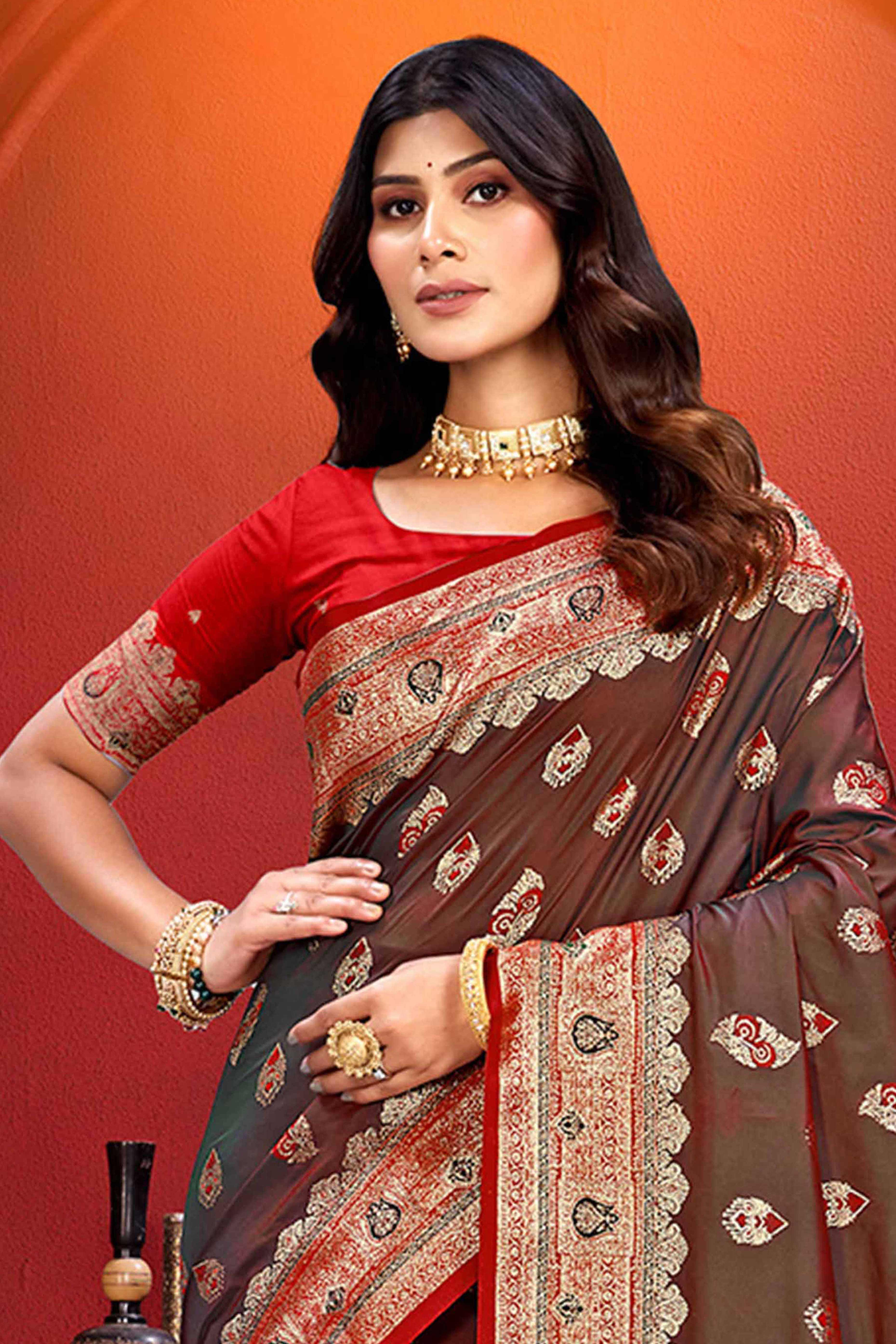 Designer Brown Floral Zari Weaving Silk Blend Saree With Stylish Tassel Pallu