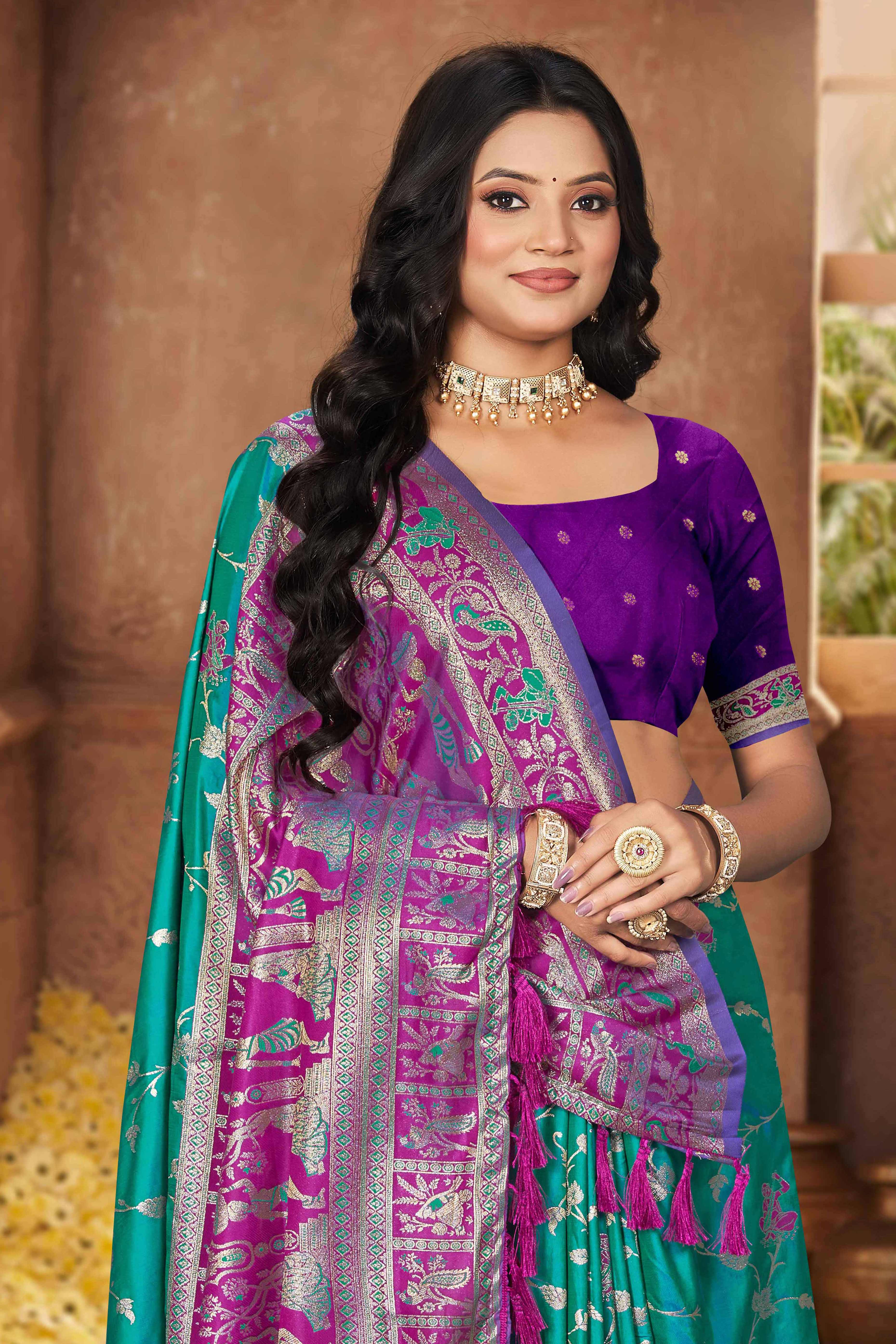 Radiant Rama Blue Floral Zari Weaving Silk Blend Saree With Tassel Pallu