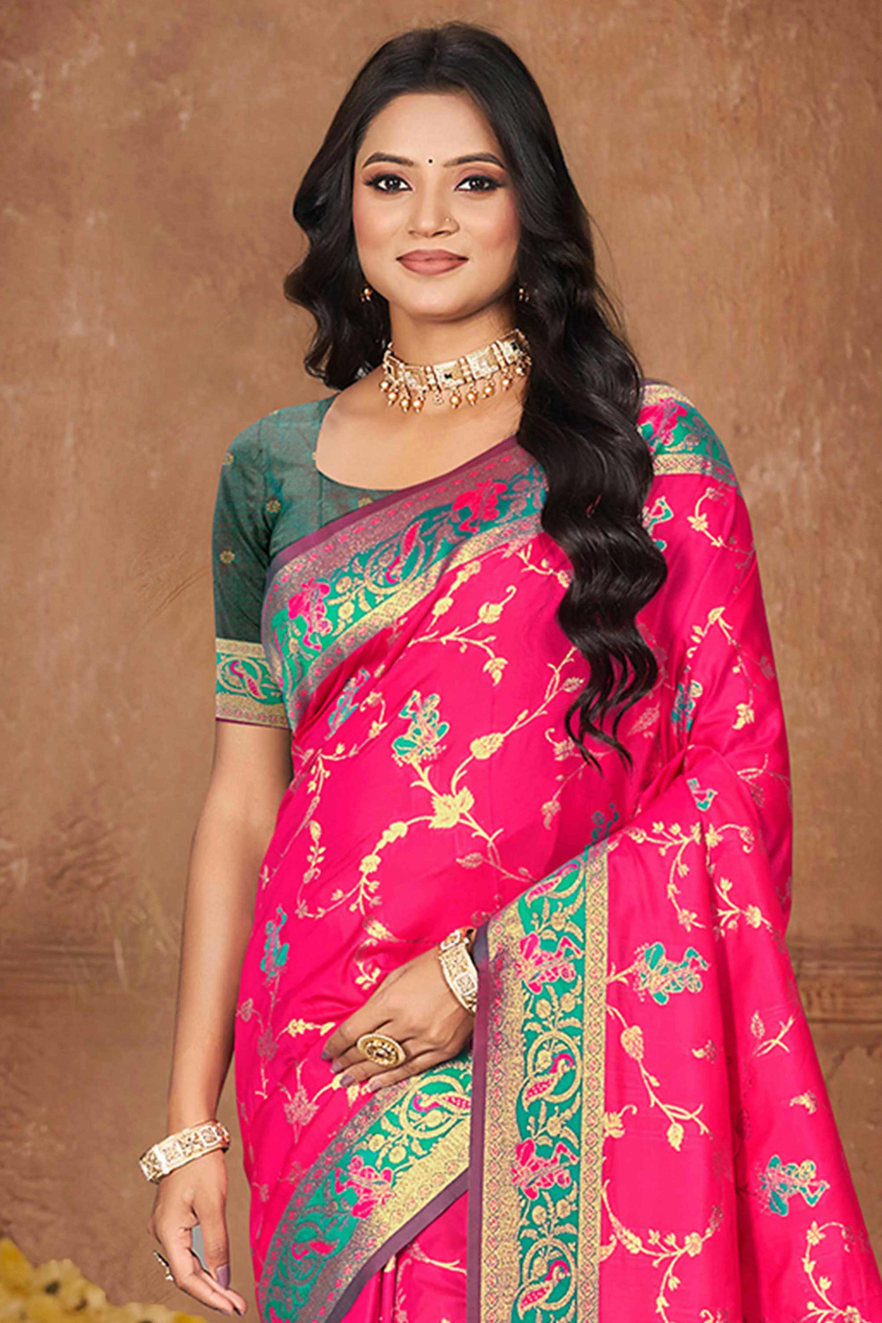 Radiant Pink Floral Zari Weaving Silk Blend Saree With Tassel Pallu