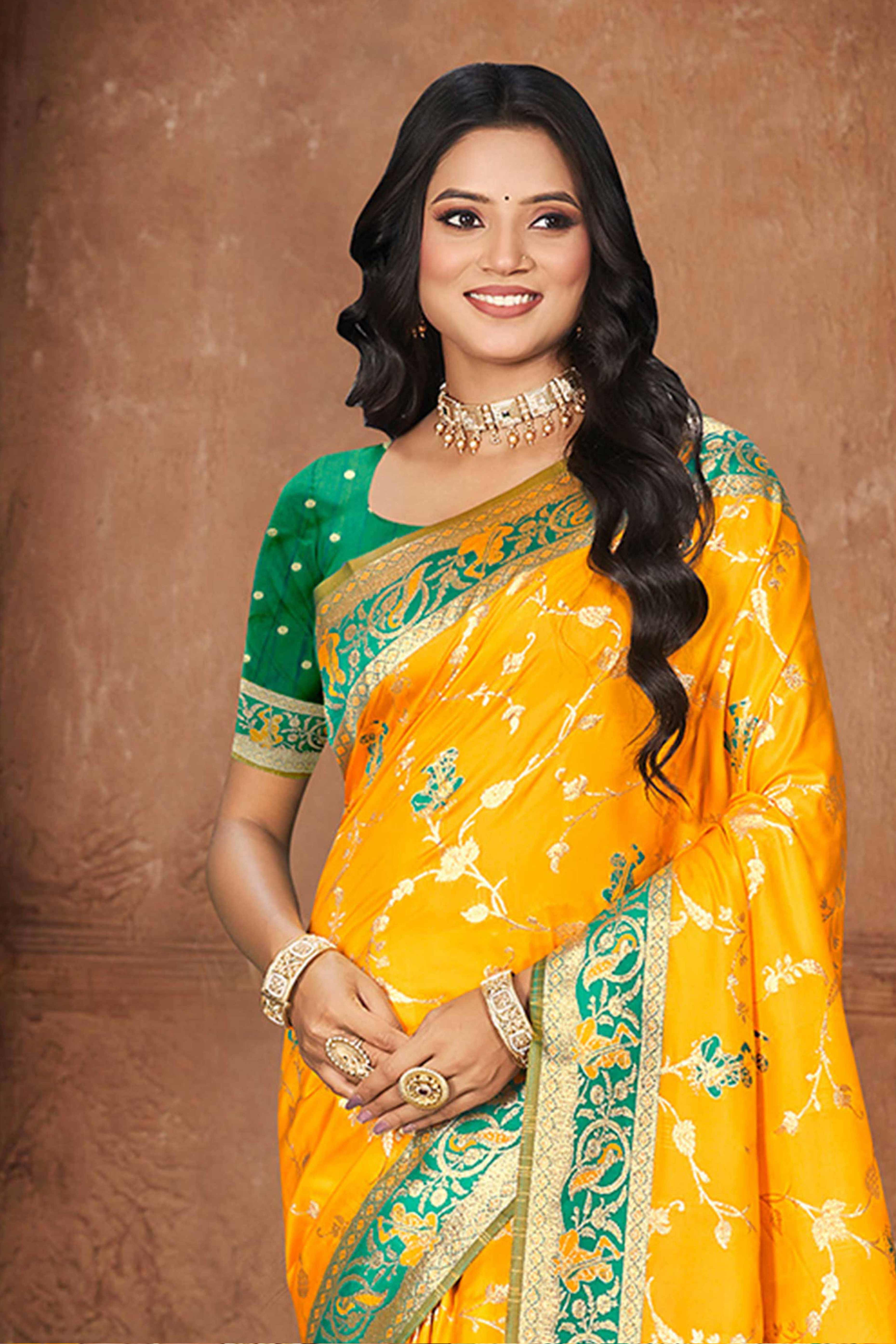 Radiant Yellow Floral Zari Weaving Silk Blend Saree With Tassel Pallu