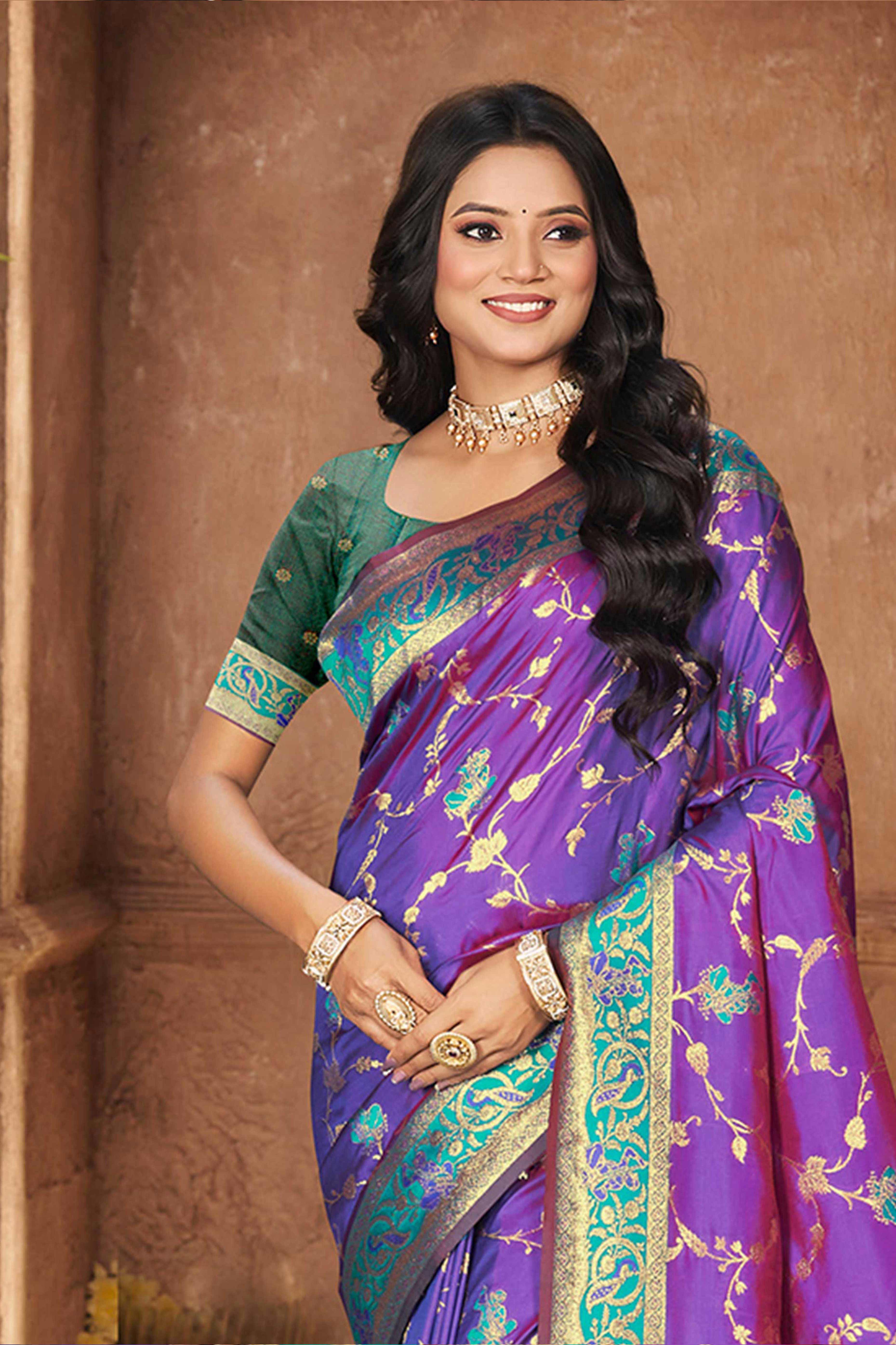 Radiant Purple Floral Zari Weaving Silk Blend Saree With Tassel Pallu
