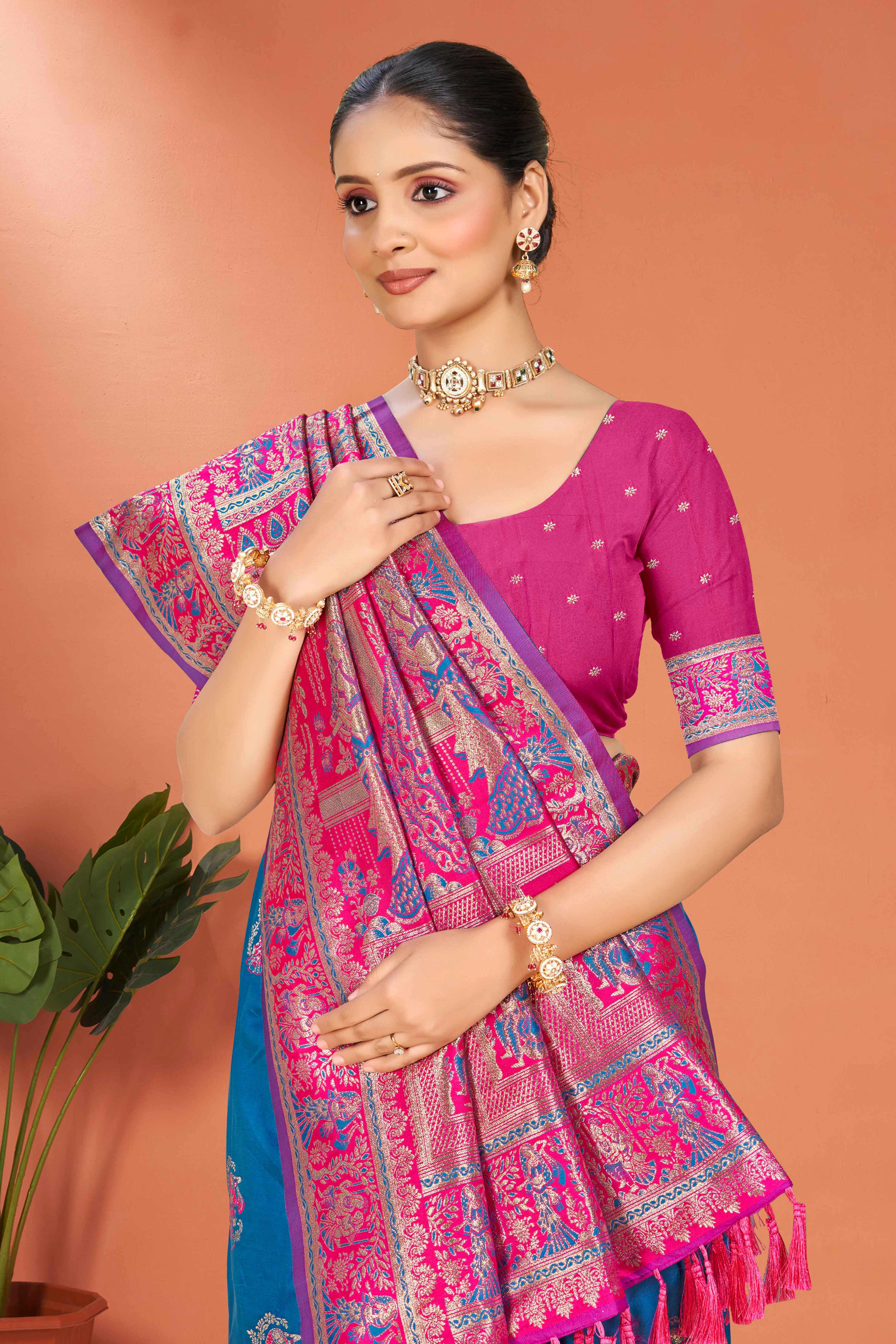 Blue Traditional Zari Weaving Silk Blend Saree Accented With Tassel Pallu