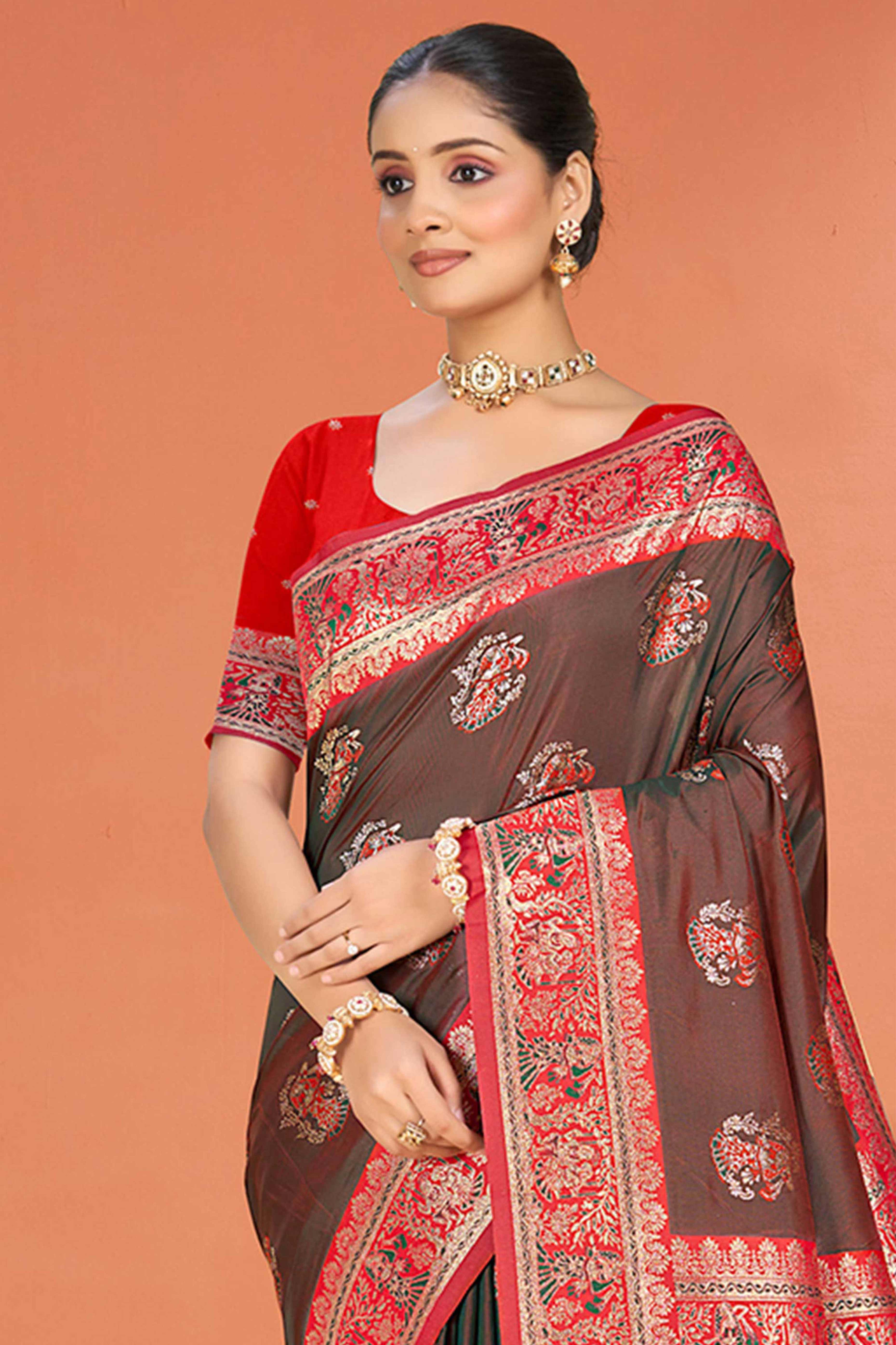Brown Traditional Zari Weaving Silk Blend Saree Accented With Tassel Pallu