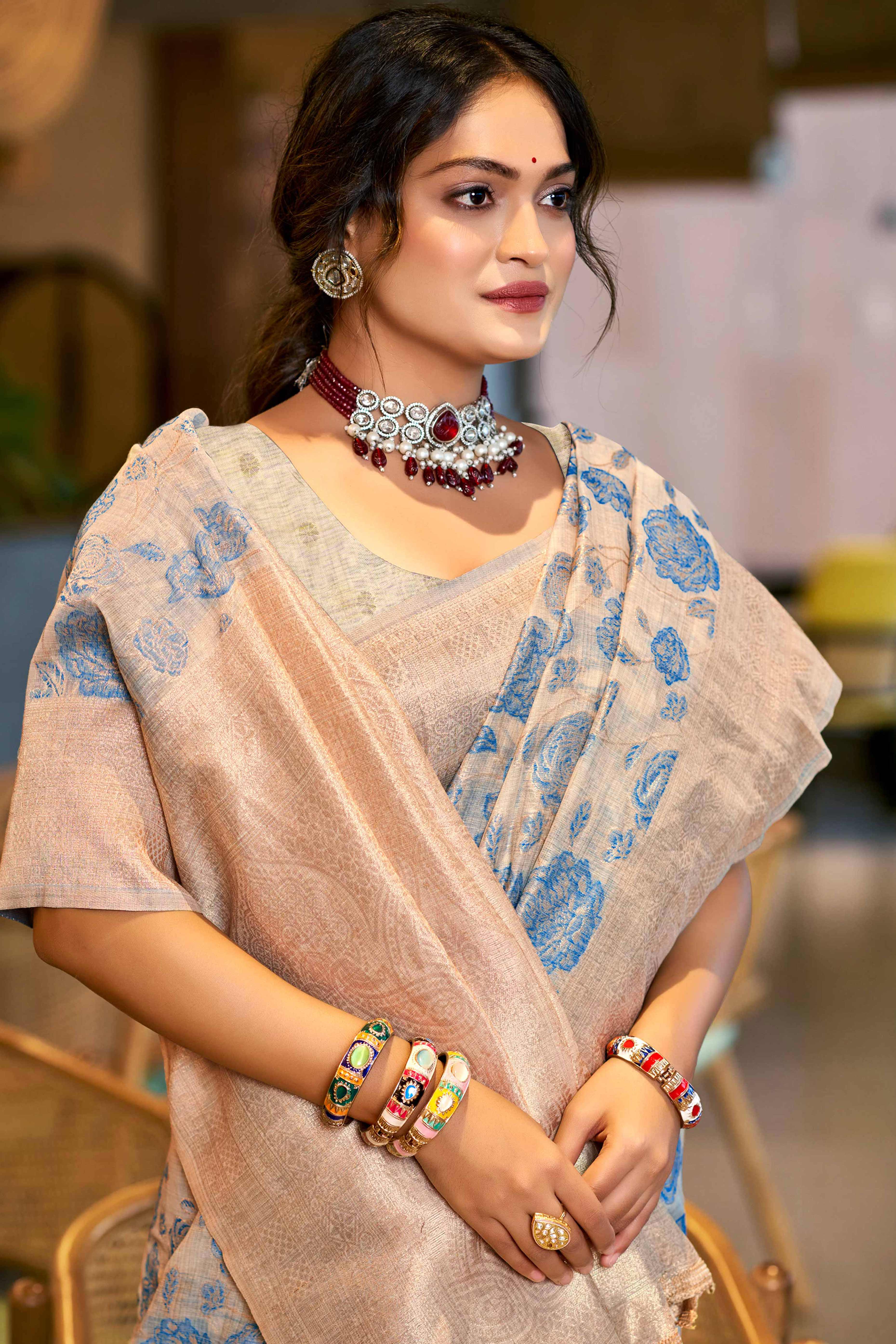 Blue Premium Cotton Silk Saree Highlighted With Floral Weaving Work & Tassel Pallu