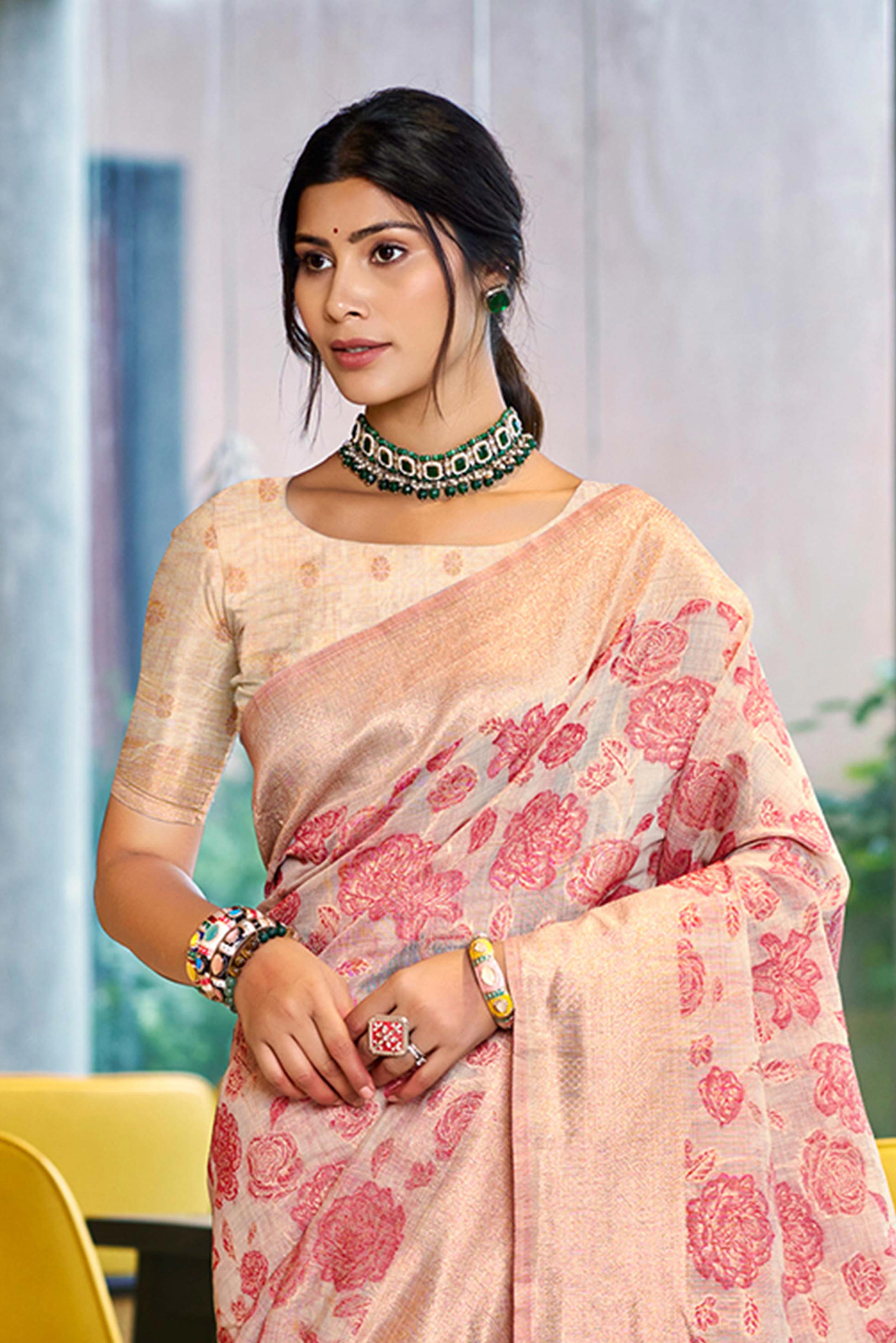 Pastel Pink Premium Cotton Silk Saree Highlighted With Floral Weaving Work & Tassel Pallu