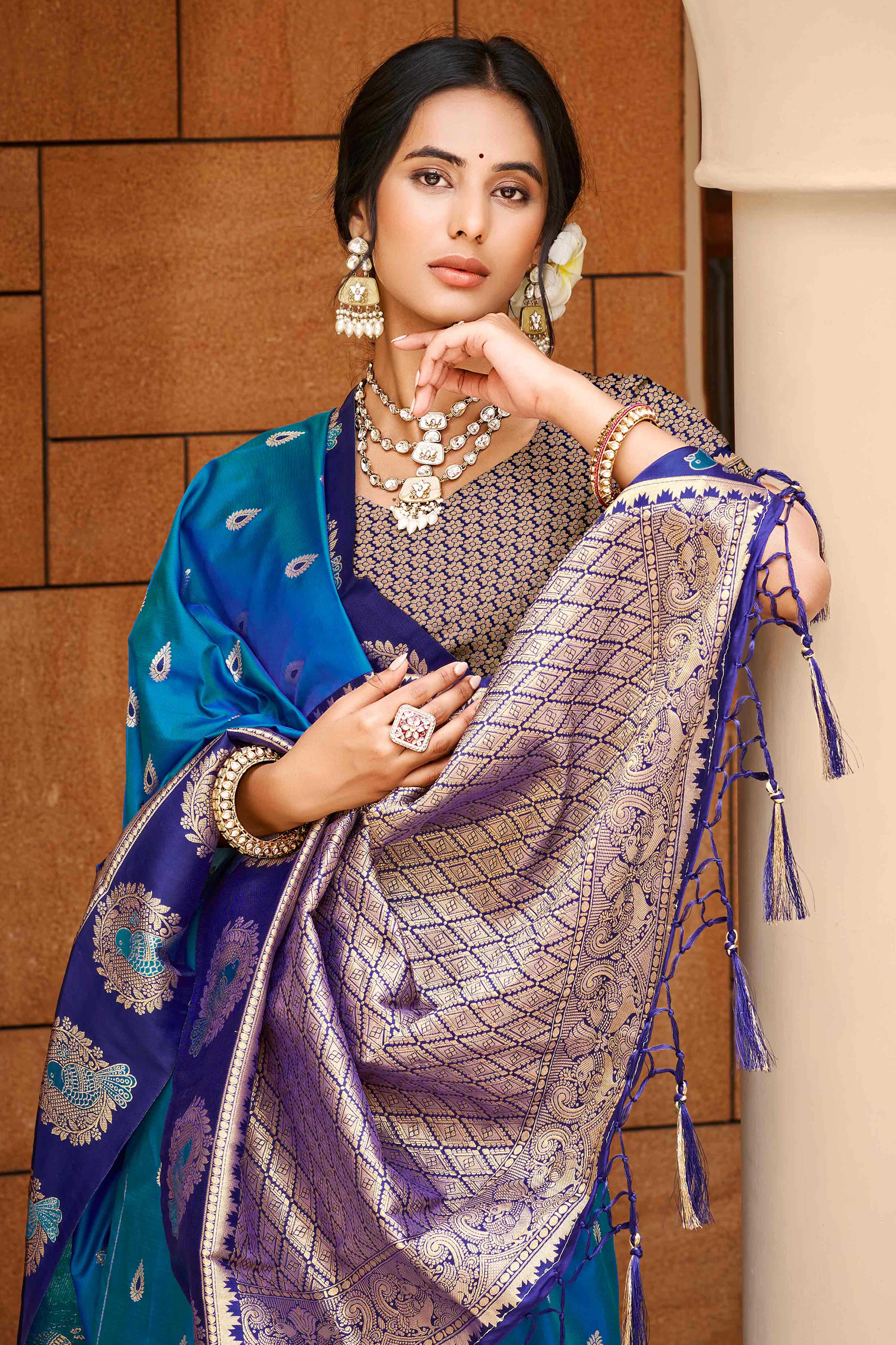 Stunning Blue Floral Weaving Silk Blend Saree With Birds Design Border & Tassel Pallu