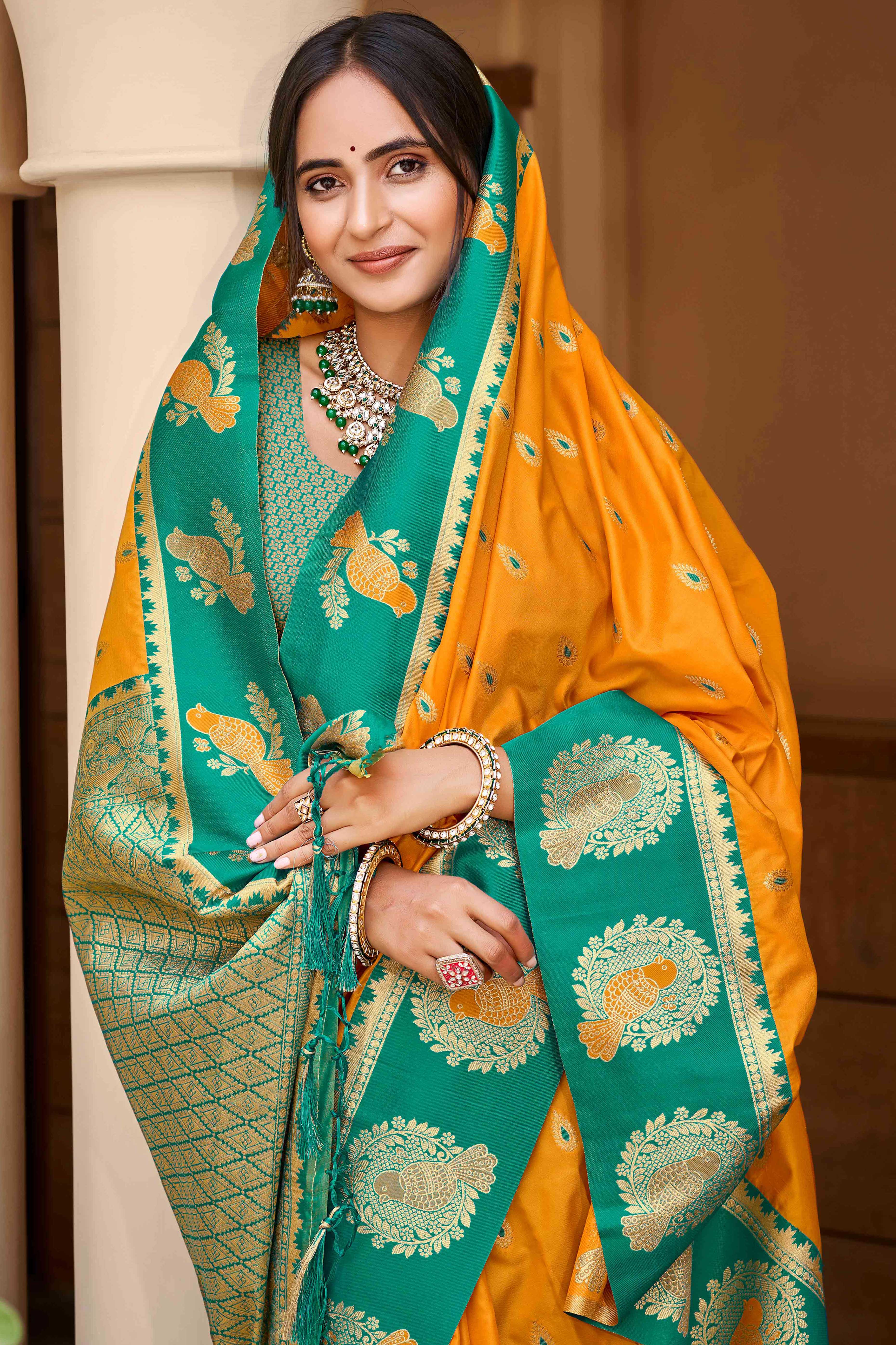 Stunning Mustard Floral Weaving Silk Blend Saree With Birds Design Border & Tassel Pallu