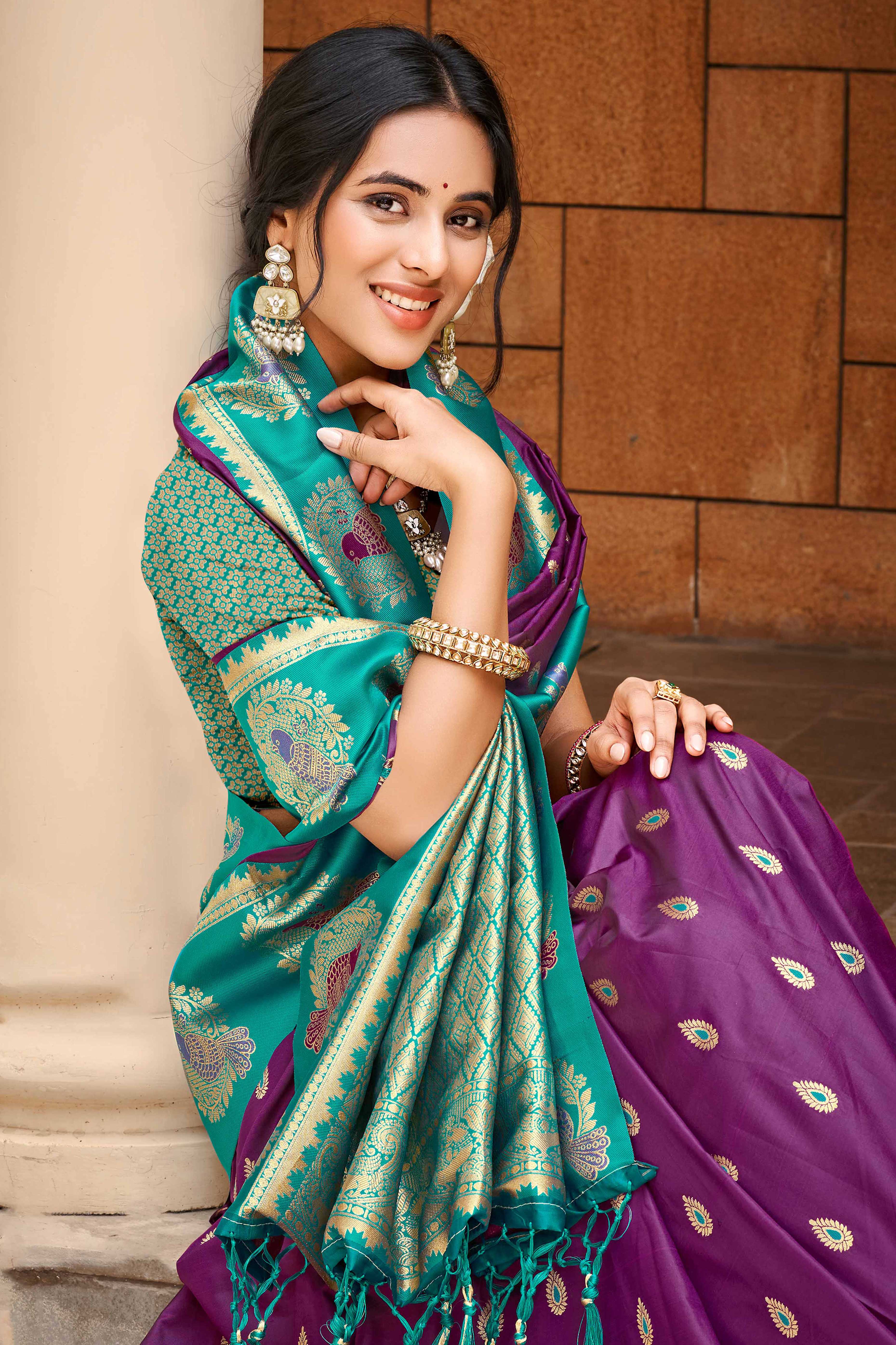 Stunning Purple Floral Weaving Silk Blend Saree With Birds Design Border & Tassel Pallu