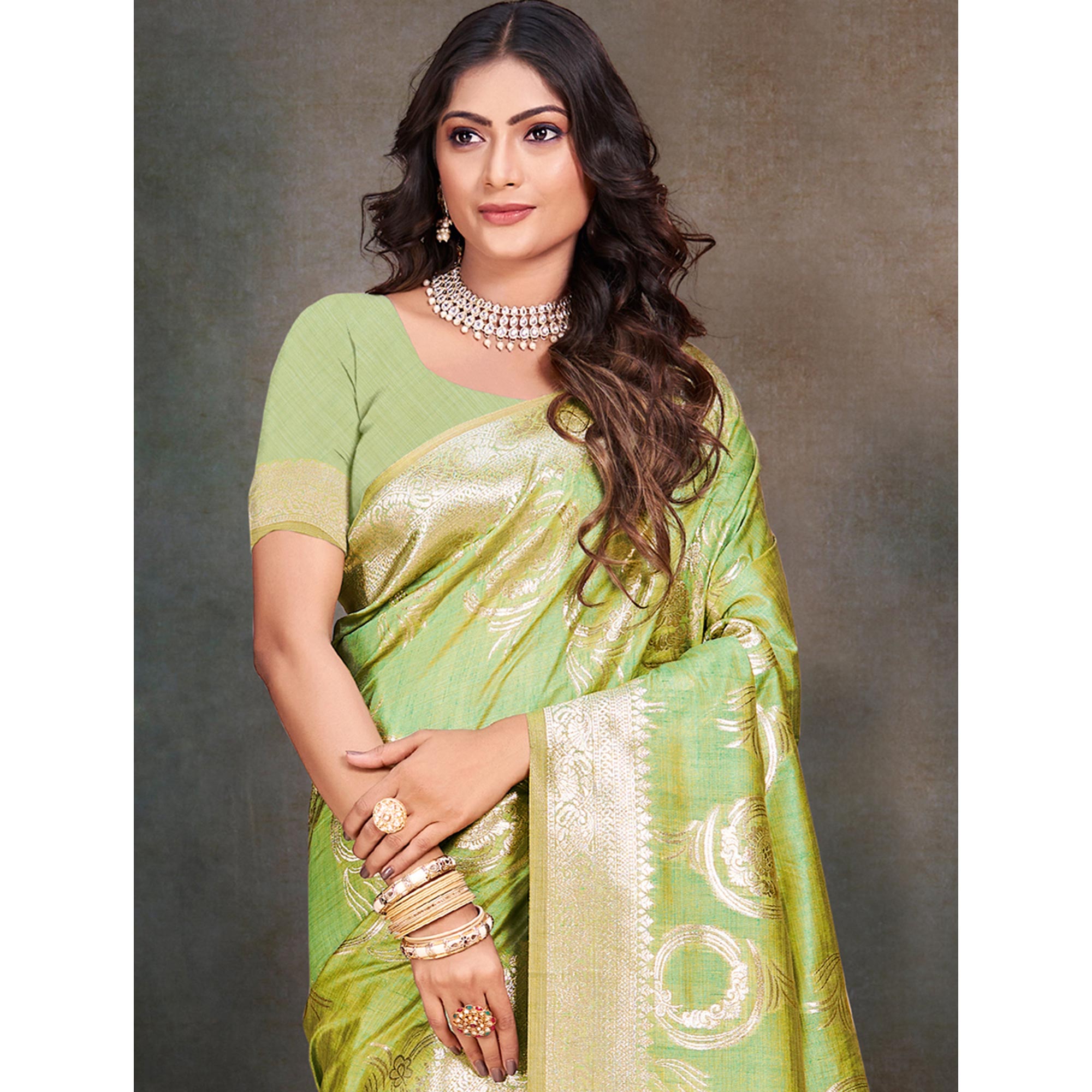 Parrot Green Floral Woven Cotton Silk Saree With Tassels