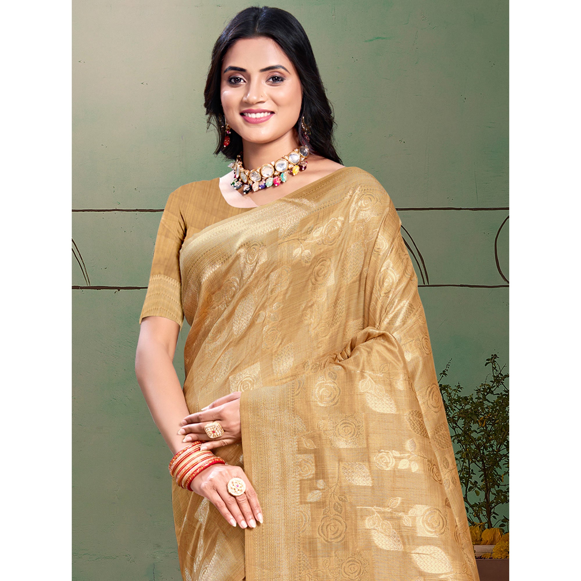 Beige Floral Woven Cotton Silk Saree With Tassels