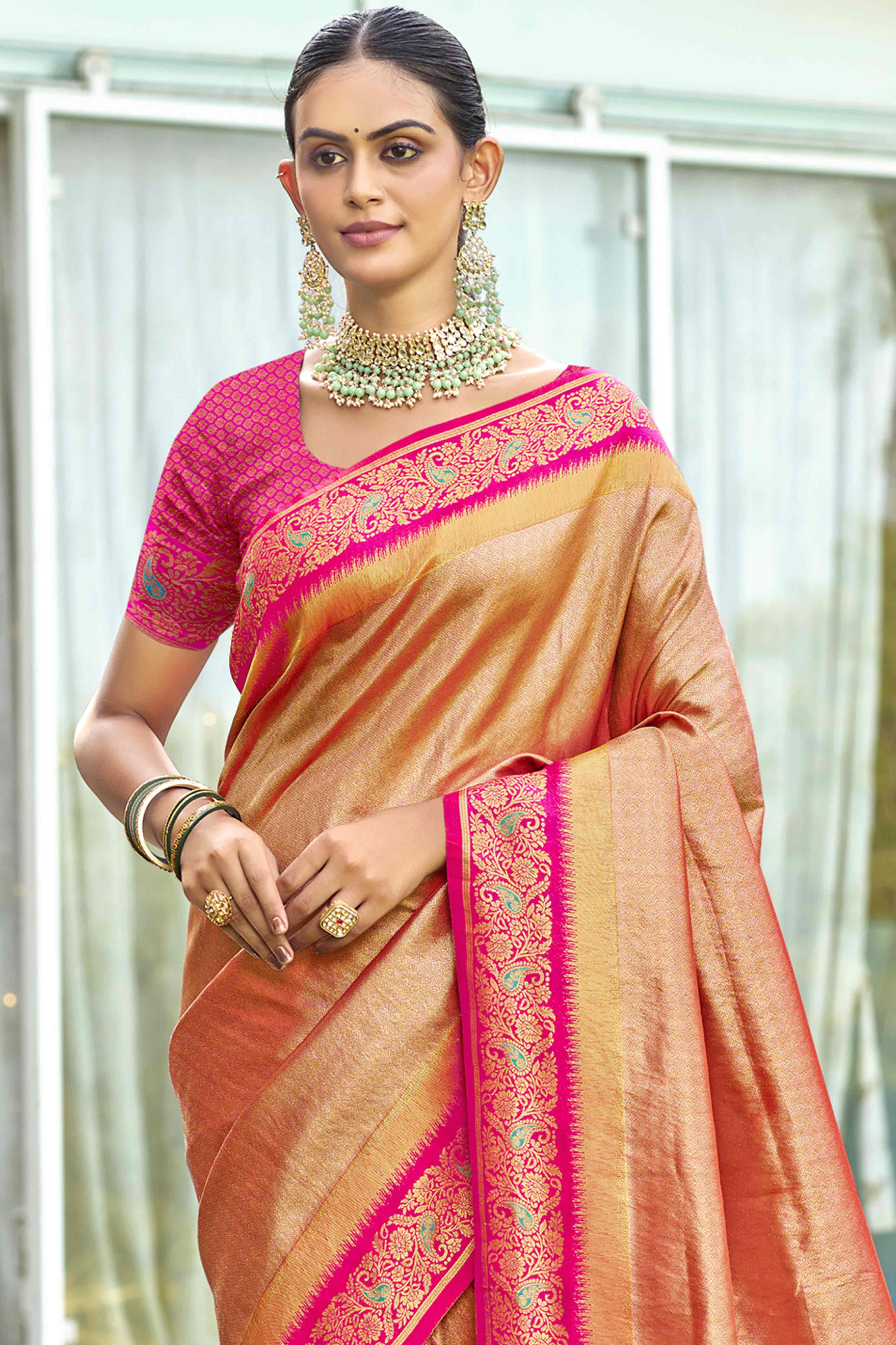 Orange Zari Weaving Organza Saree