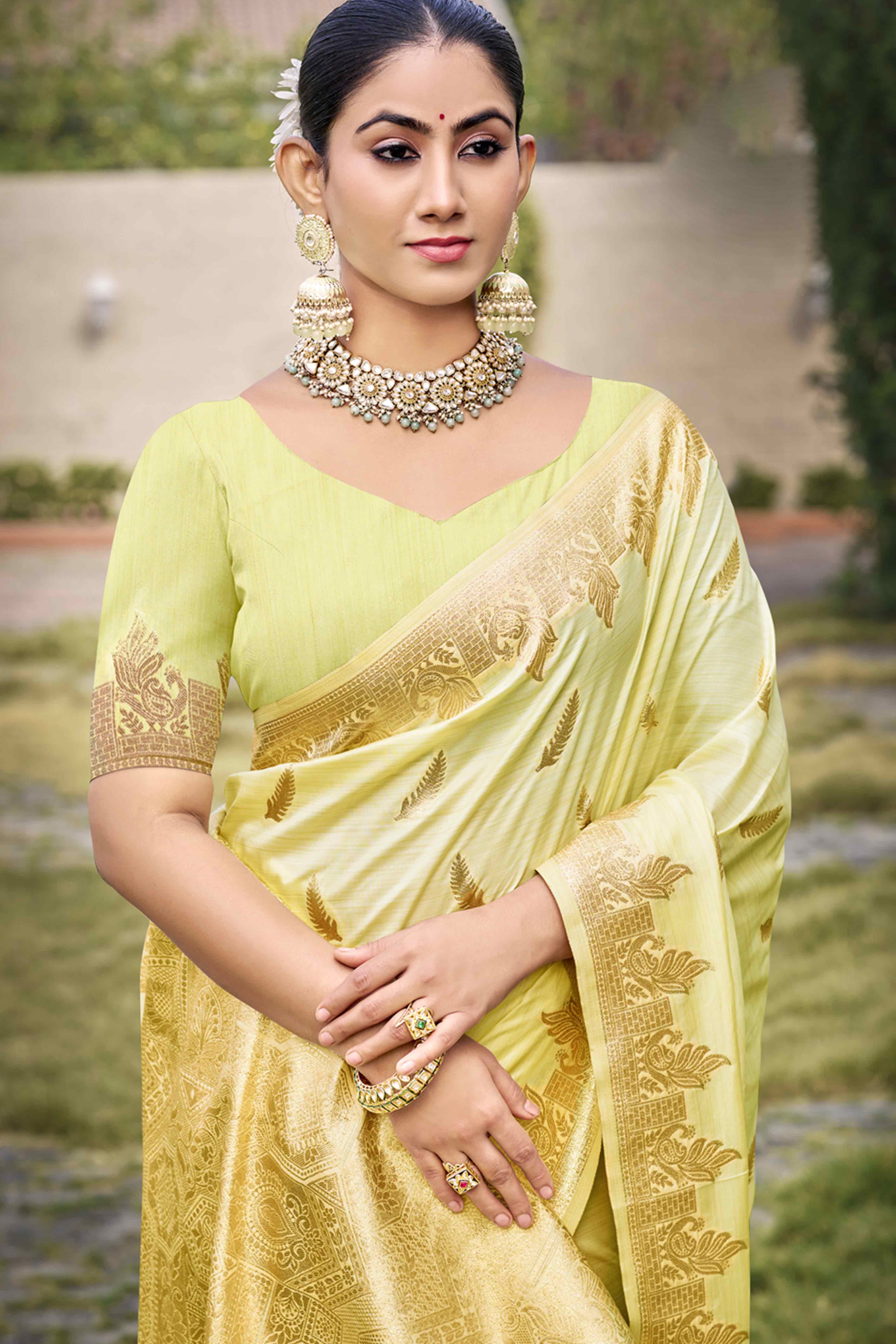 Lemon Green Banarasi Silk Saree With Delicate Floral Zari Weaving