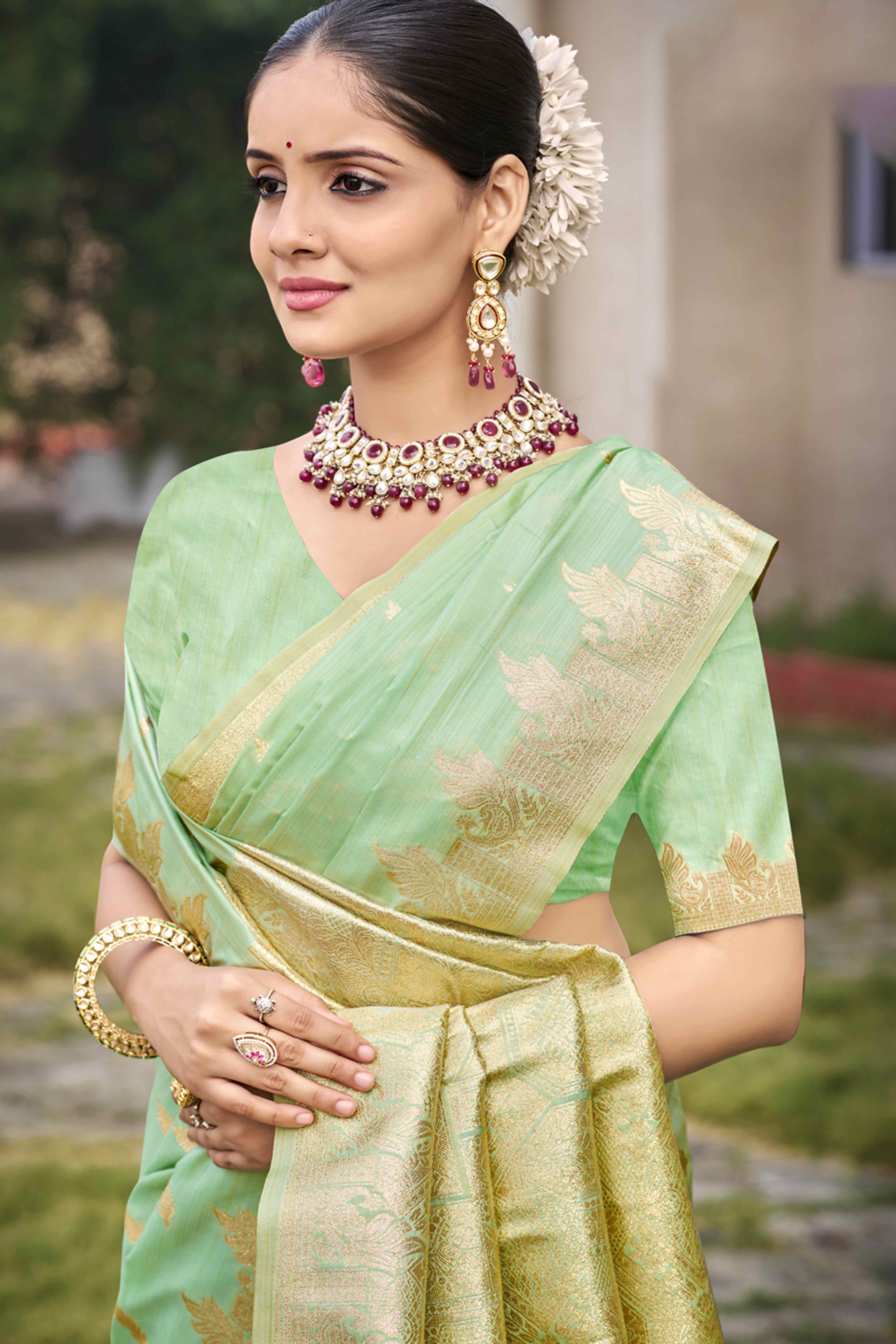Green Banarasi Silk Saree With Delicate Floral Zari Weaving