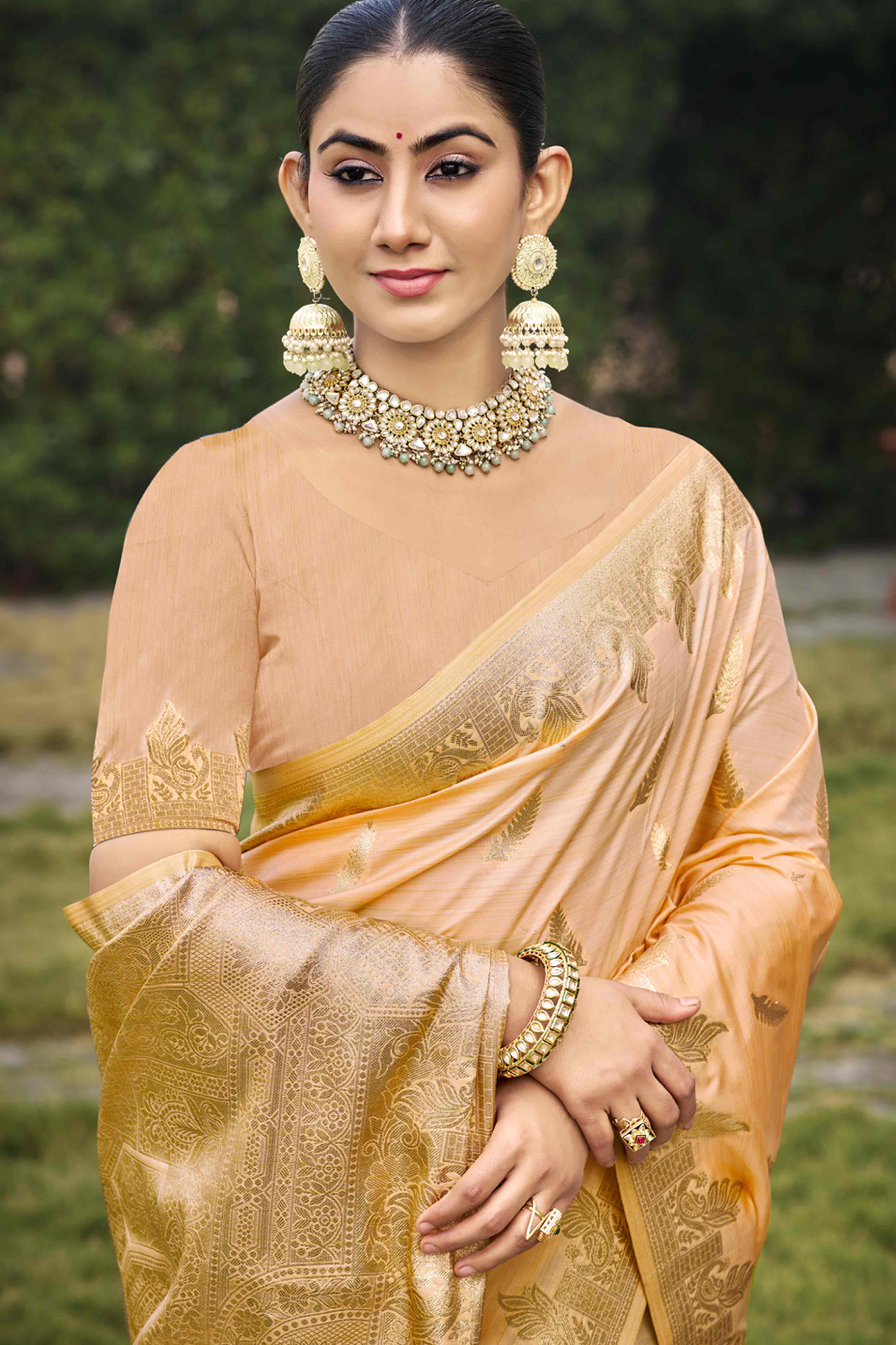 Peach Banarasi Silk Saree With Delicate Floral Zari Weaving