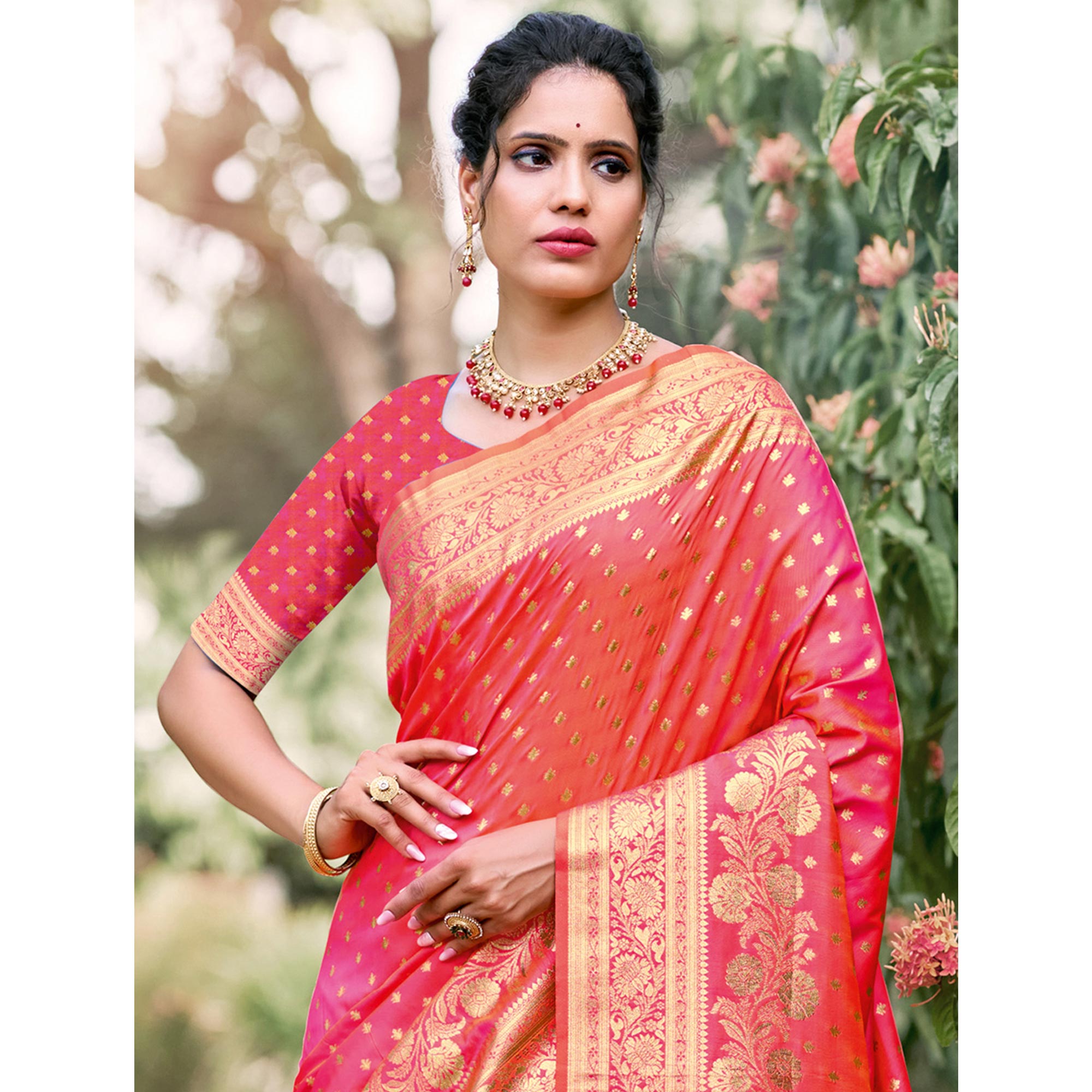 Pink Floral Woven Banarasi Silk Saree With Tassels