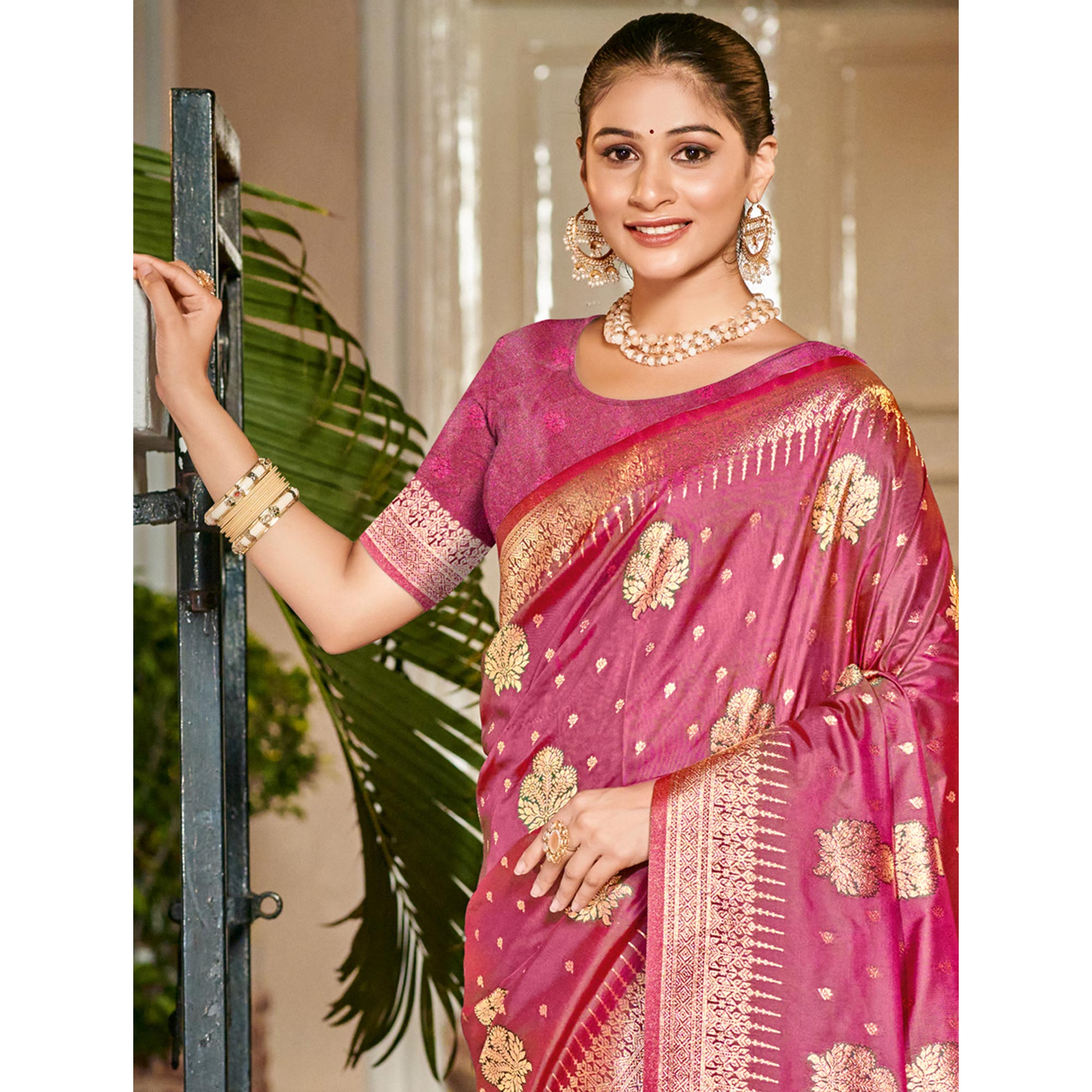 Pink Floral Woven Banarasi Silk Saree With Tassels