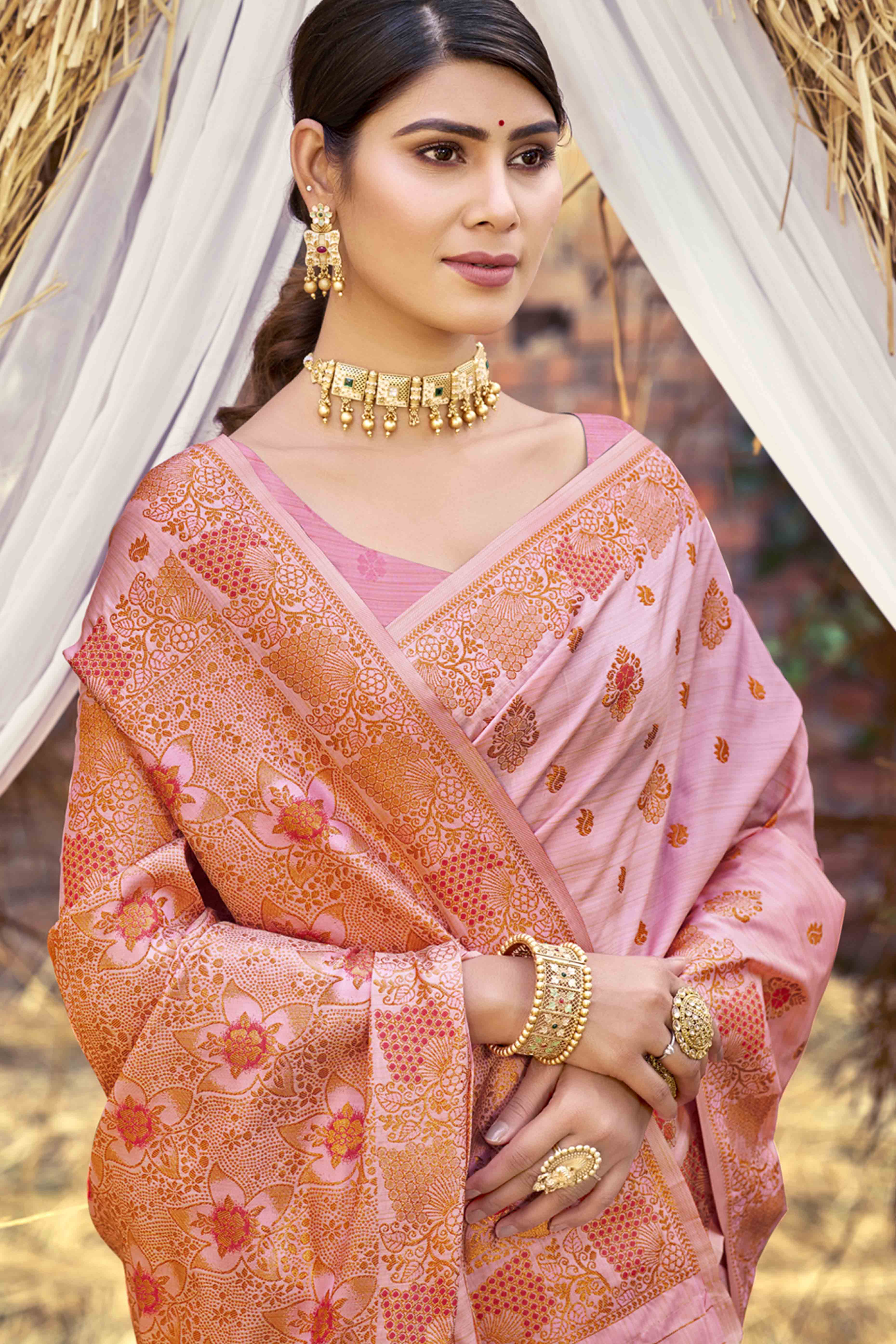 Pink Banarasi Silk Saree Adorned With Woven Zari Floral Motifs