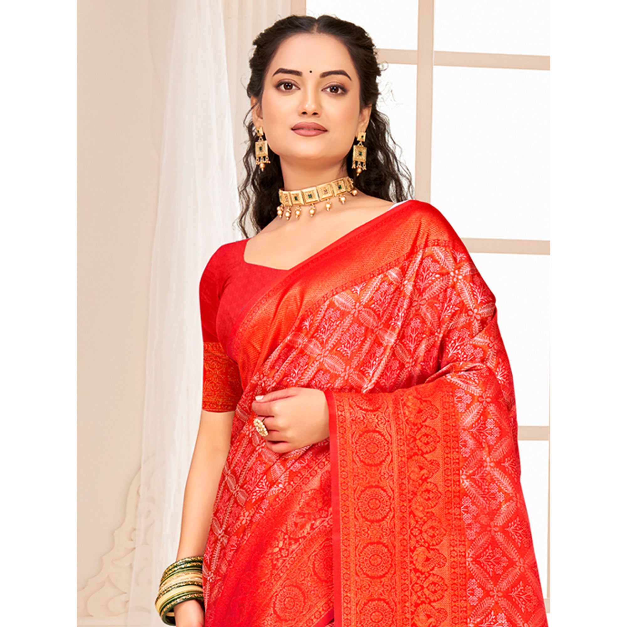 Red Floral Woven Kanjivaram Silk Saree With Tassels