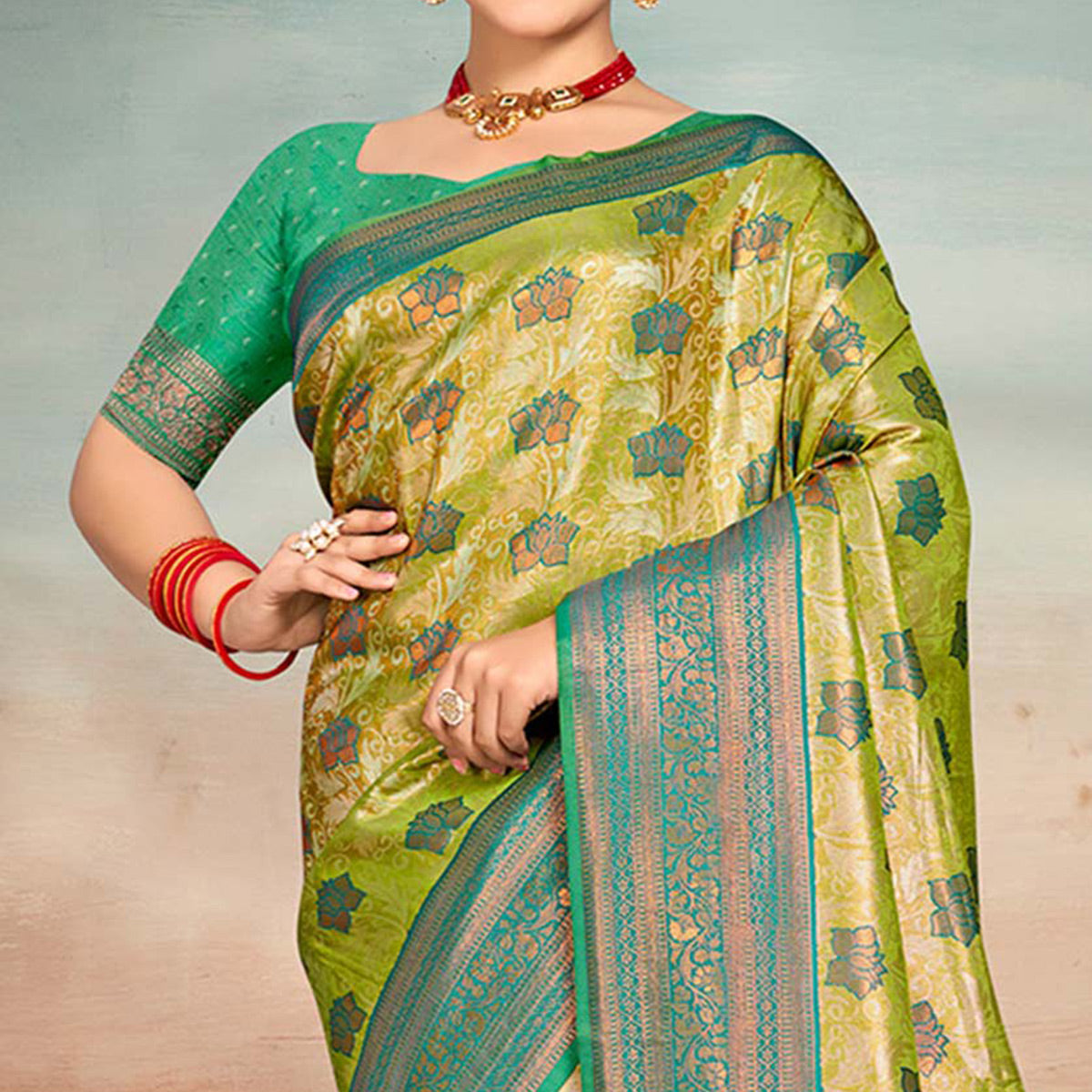 Green Floral Woven Kanjivaram Silk Saree With Tassels