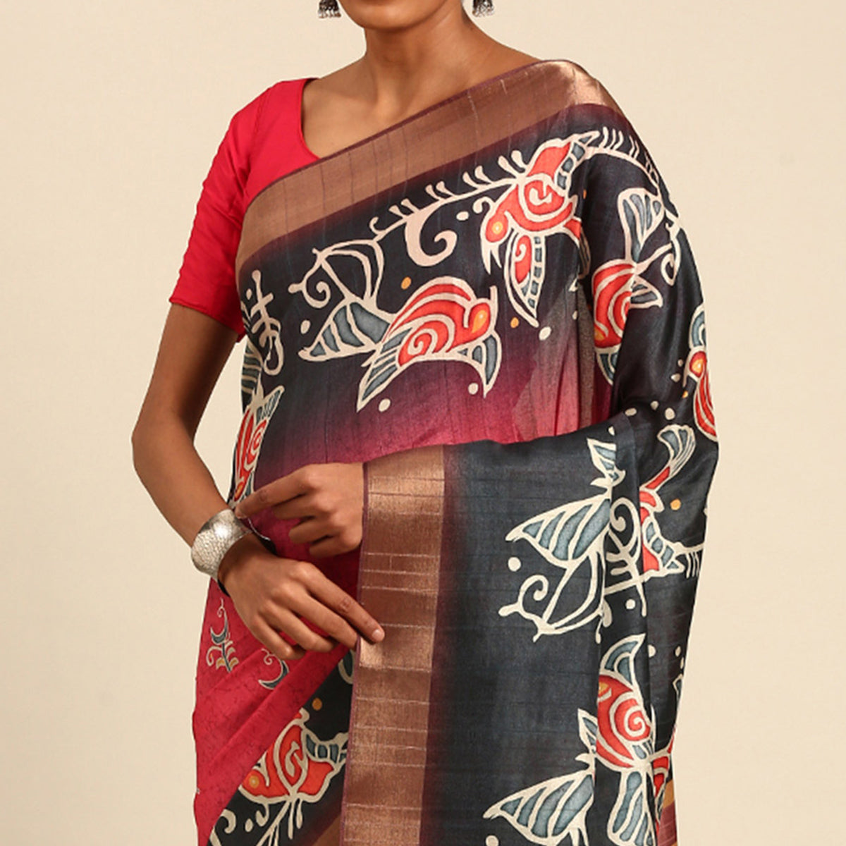 Pink & Black Digital Printed Cotton Blend Saree With Woven Border