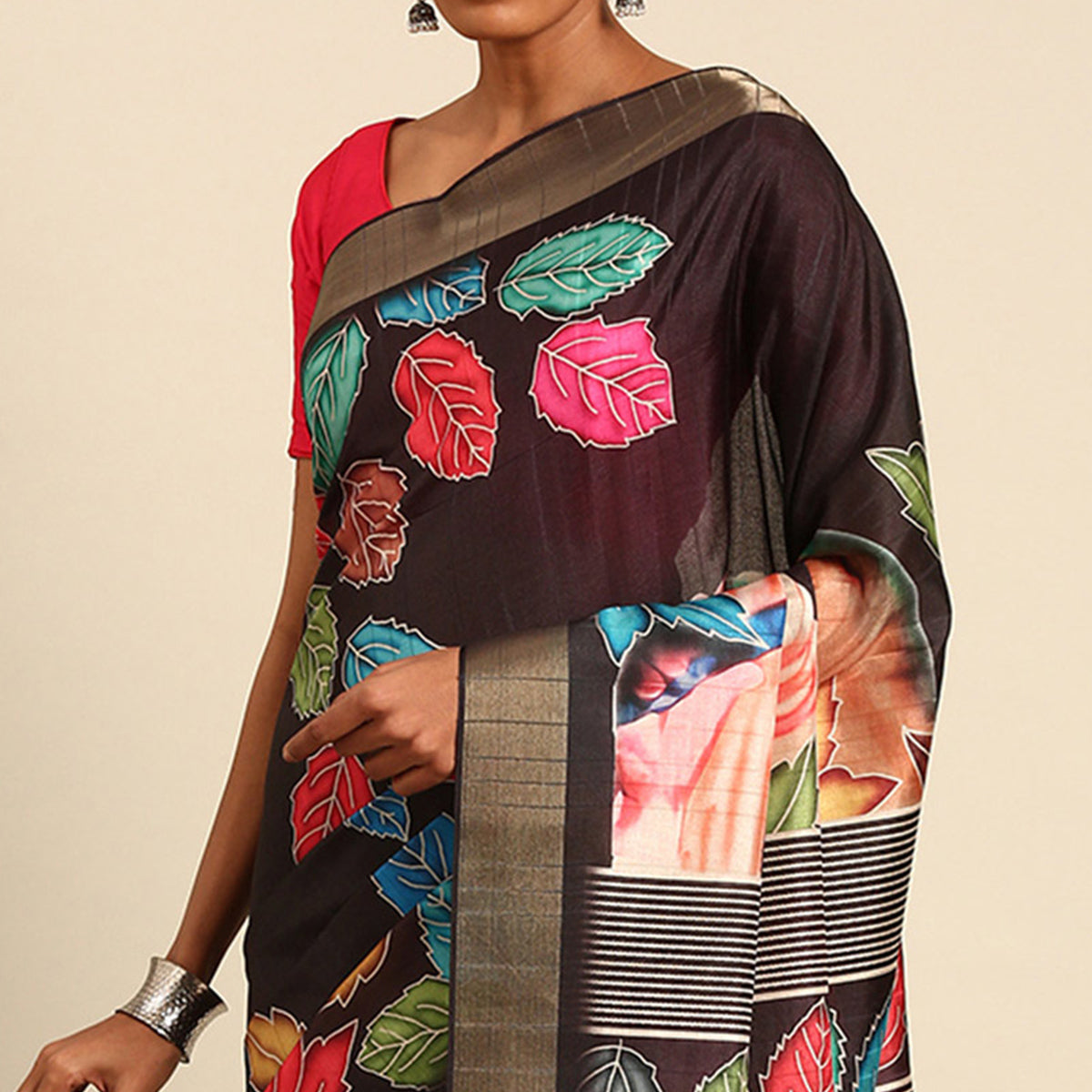 Black Digital Printed Cotton Blend Saree With Woven Border