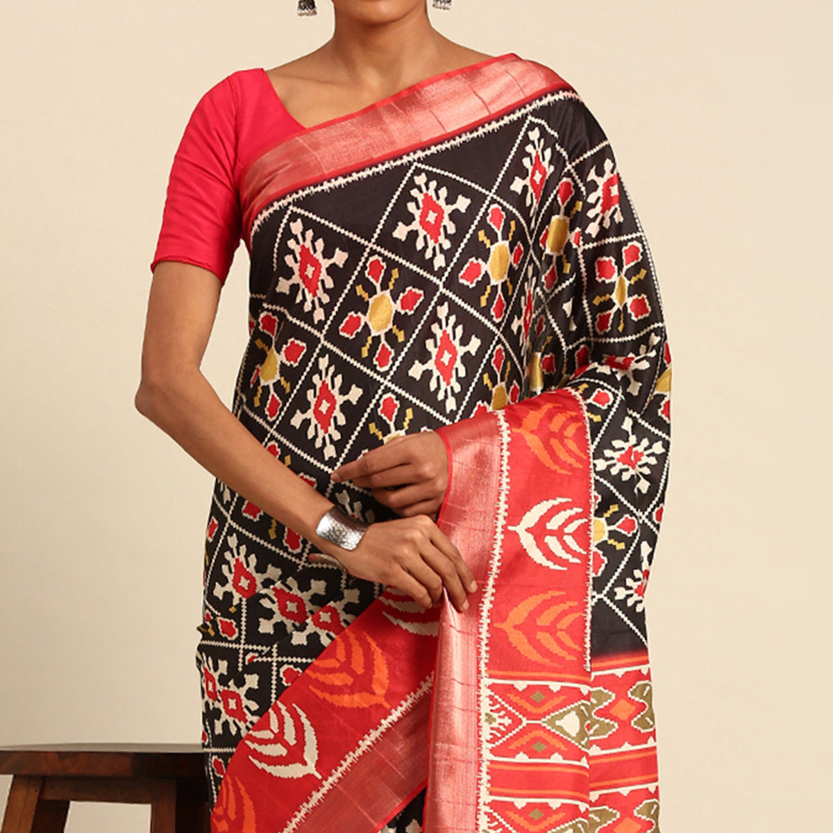 Black Digital Printed Cotton Blend Saree With Woven Border