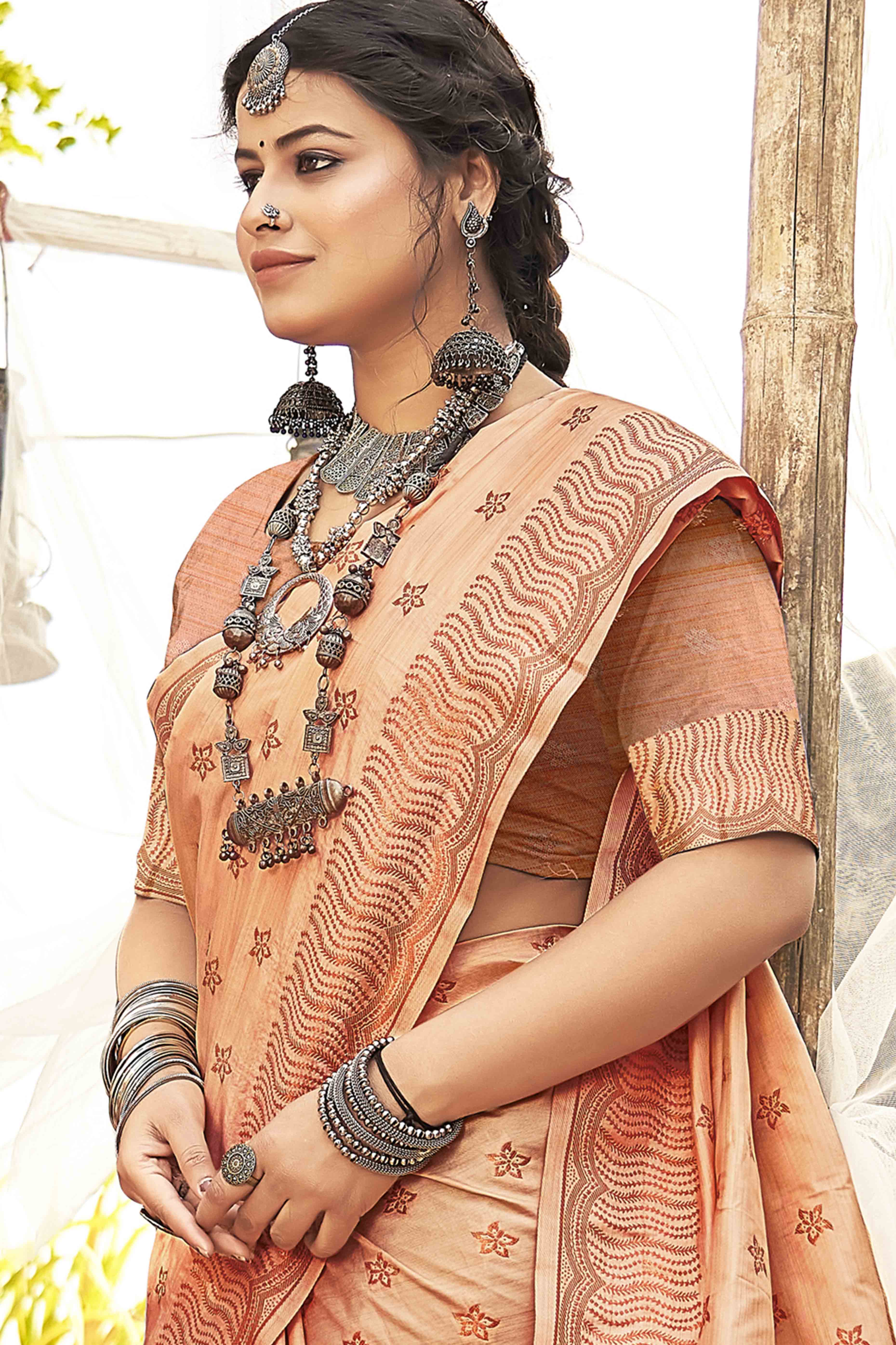 Peach Banarasi Silk Saree With Intricate Zari Woven Work