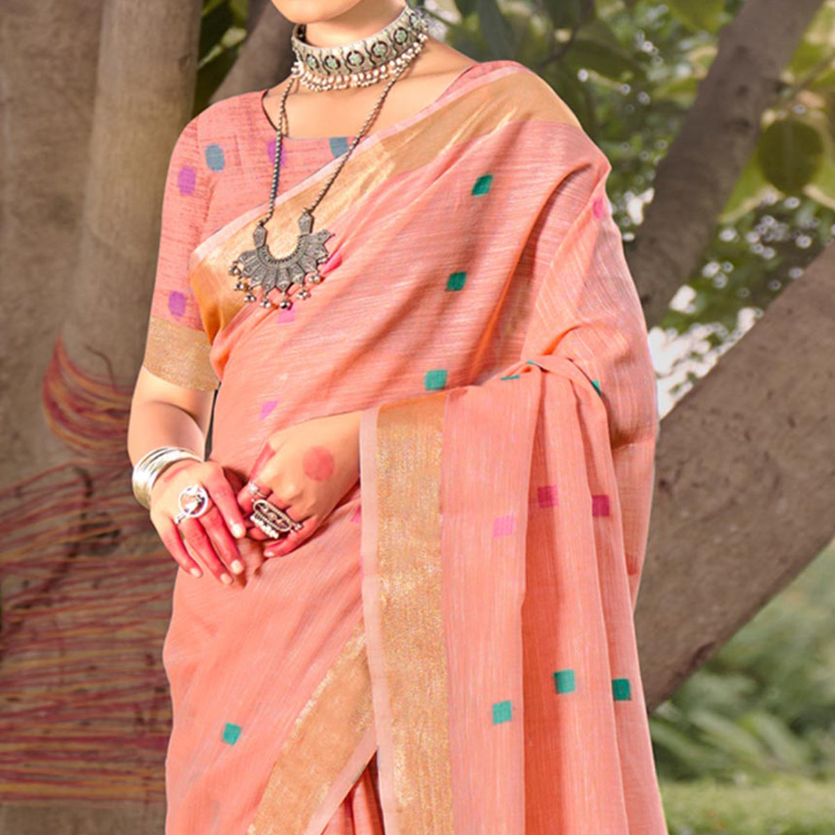 Peach Woven Cotton Blend Saree With Tassels