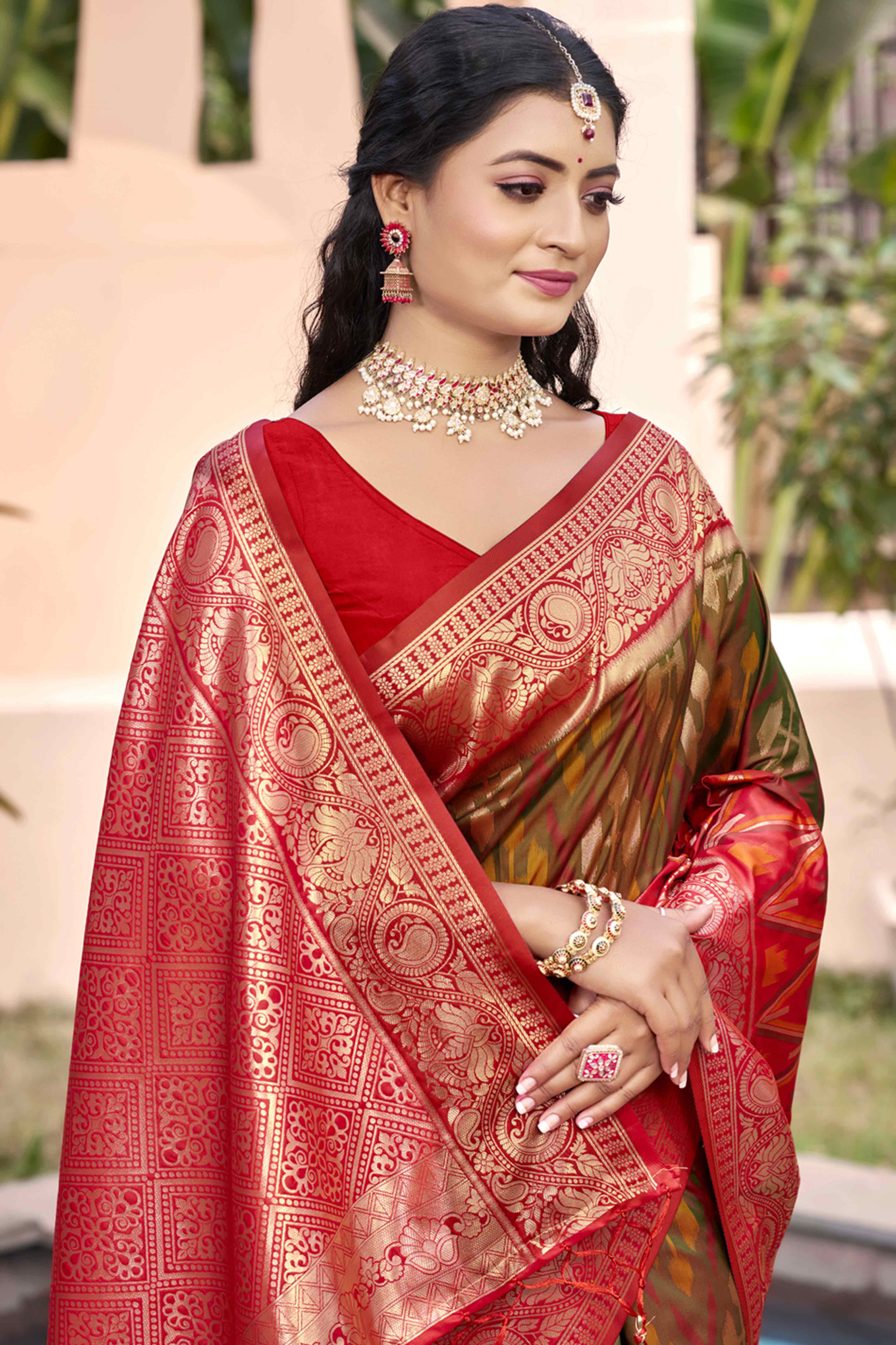 Green & Red Woven Cotton Silk Saree With Tassels