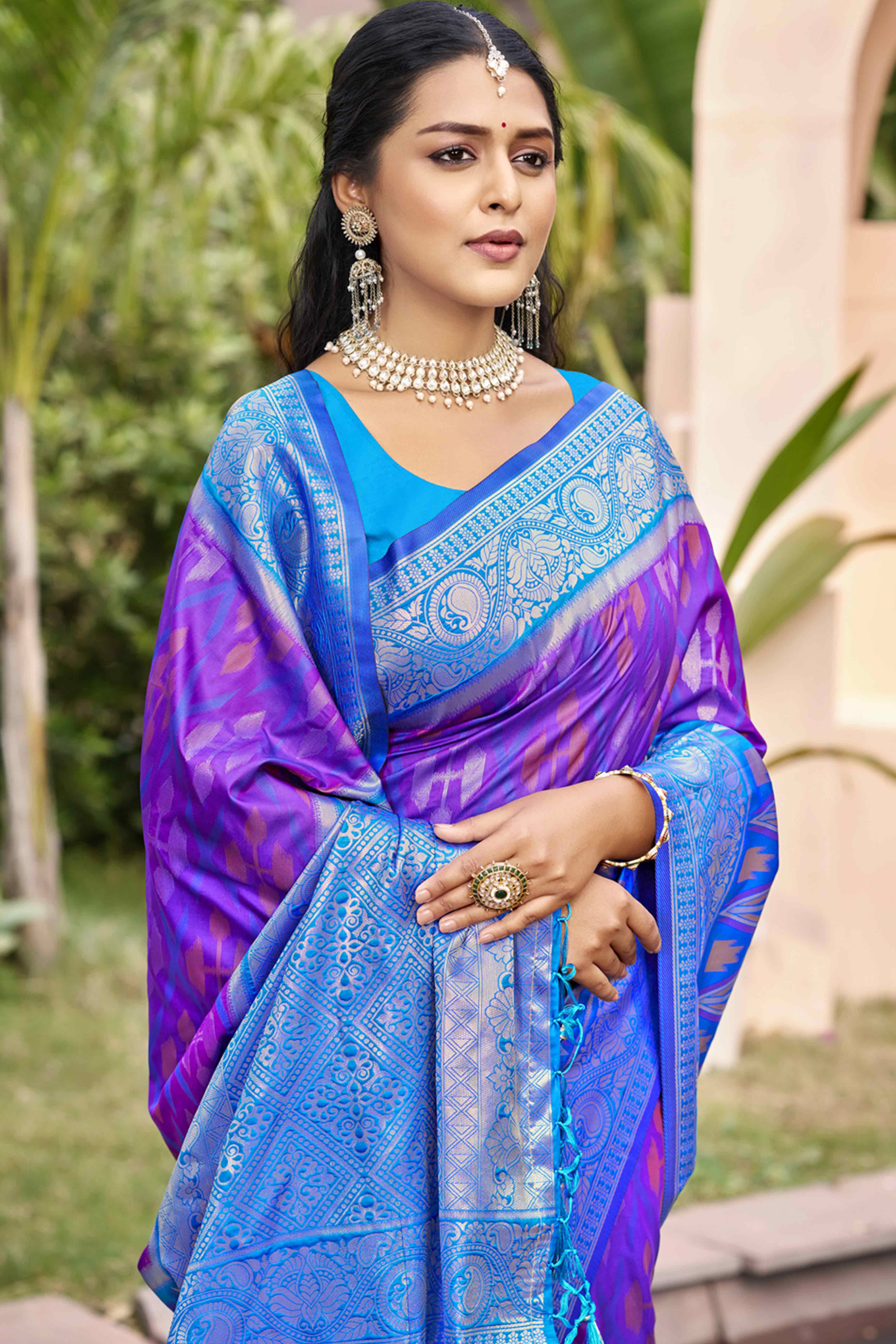Violet & Blue Woven Cotton Silk Saree With Tassels
