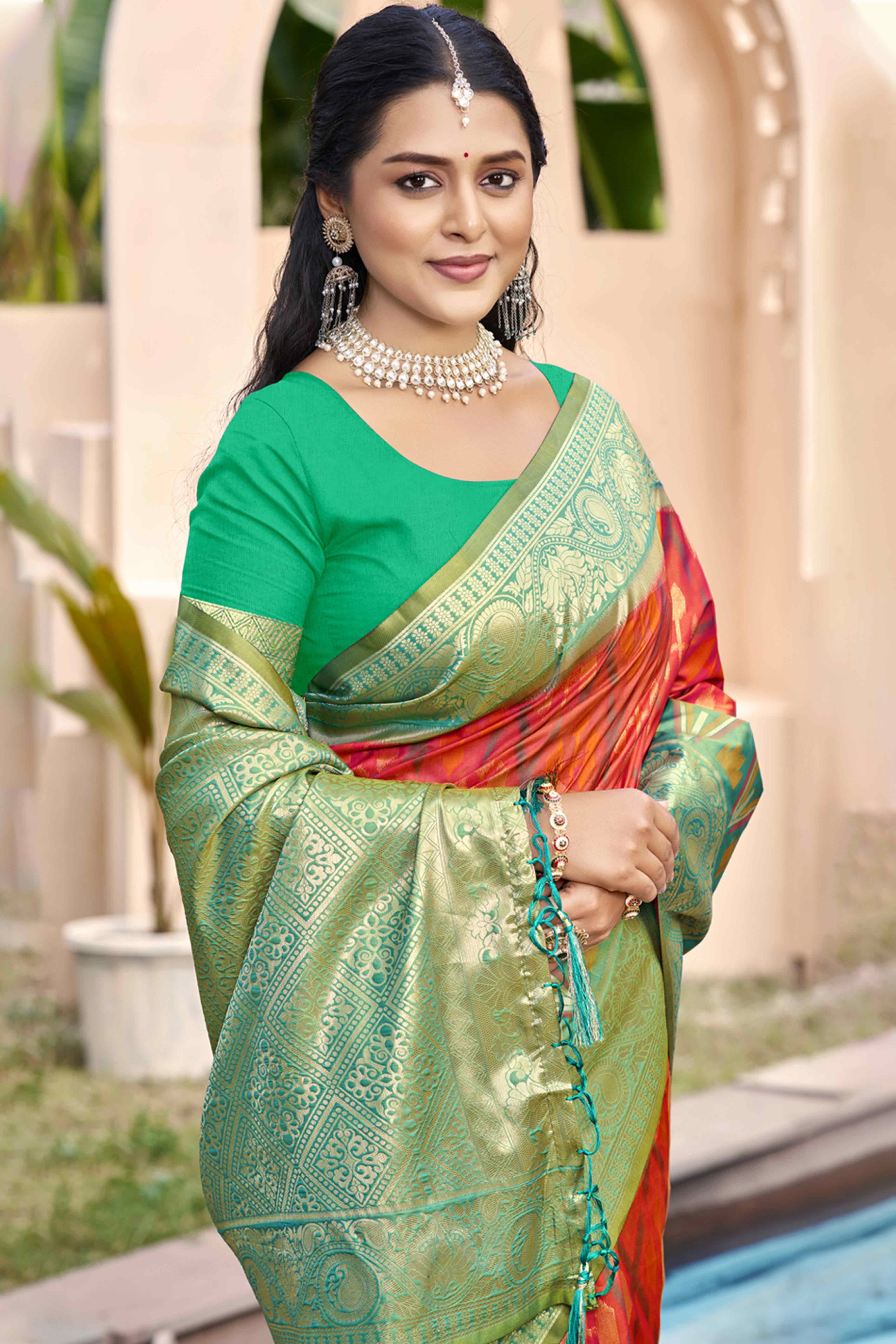 Salmon Pink & Rama Woven Cotton Silk Saree With Tassels