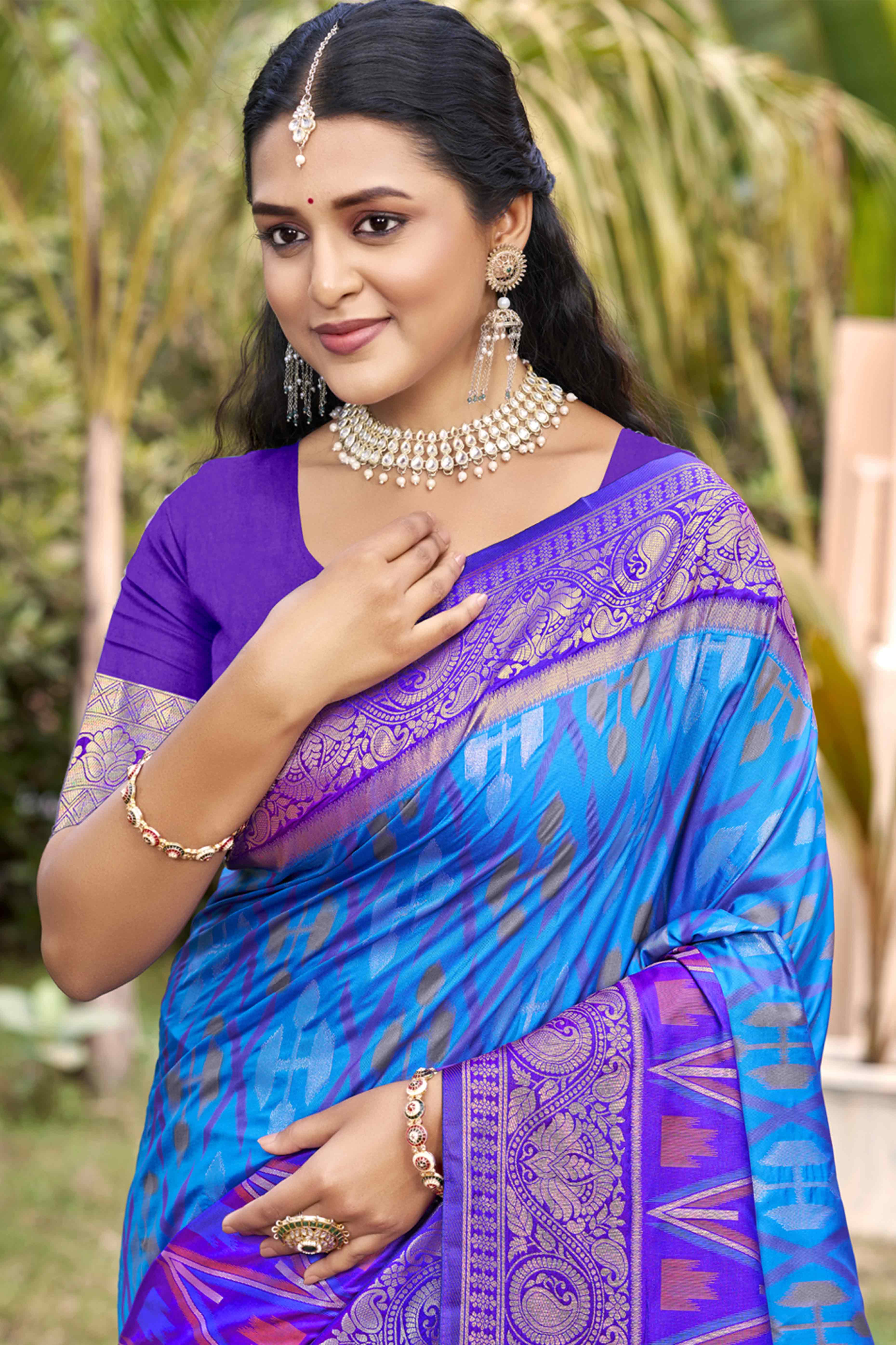 Blue & Purple Woven Cotton Silk Saree With Tassels