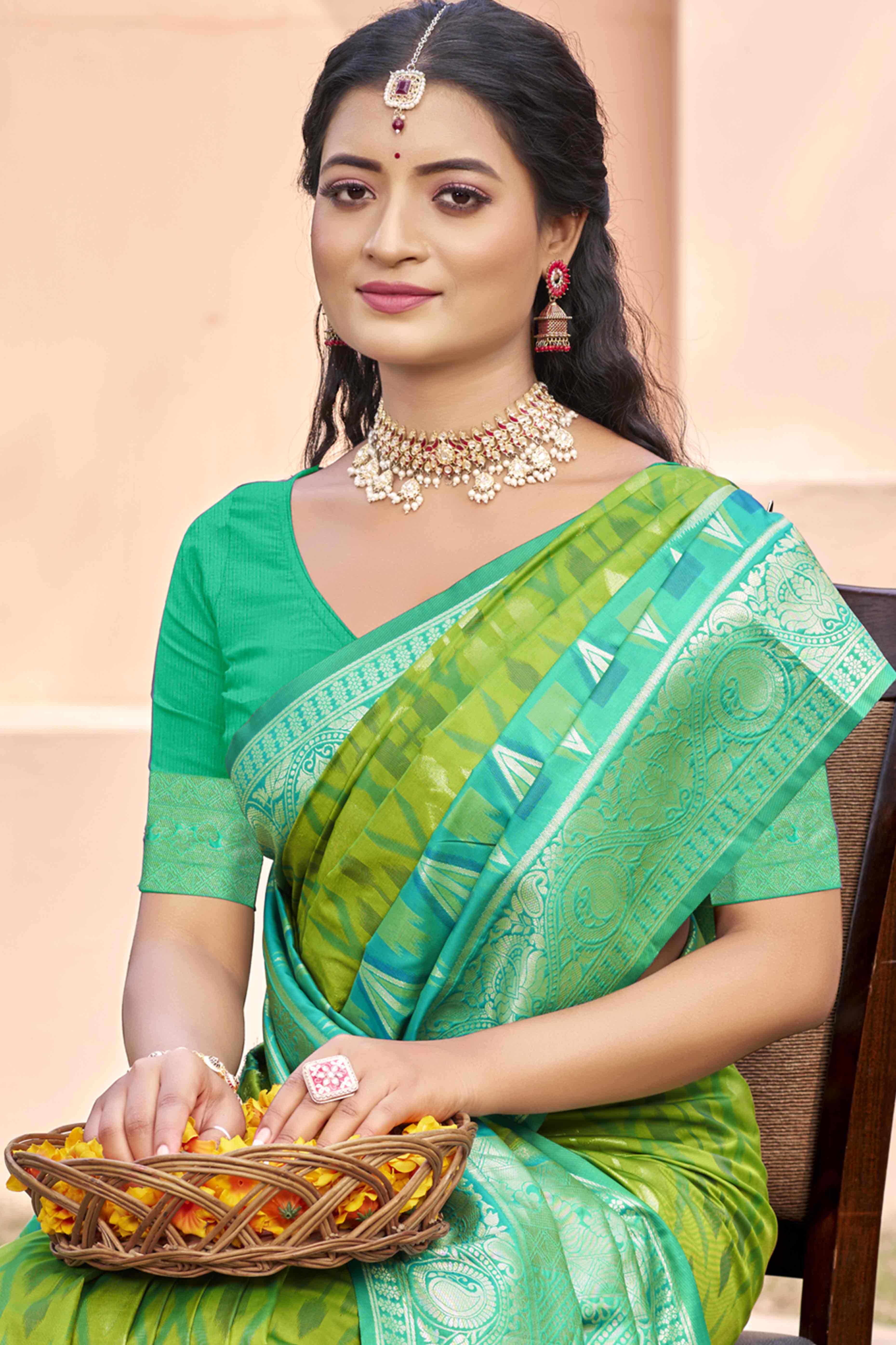 Green & Rama Woven Cotton Silk Saree With Tassels